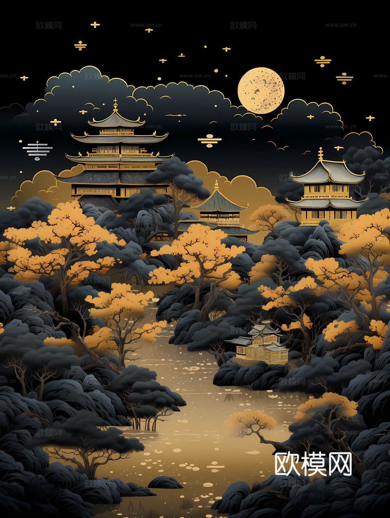 新中式国风壁纸壁画下载（渲染图4）