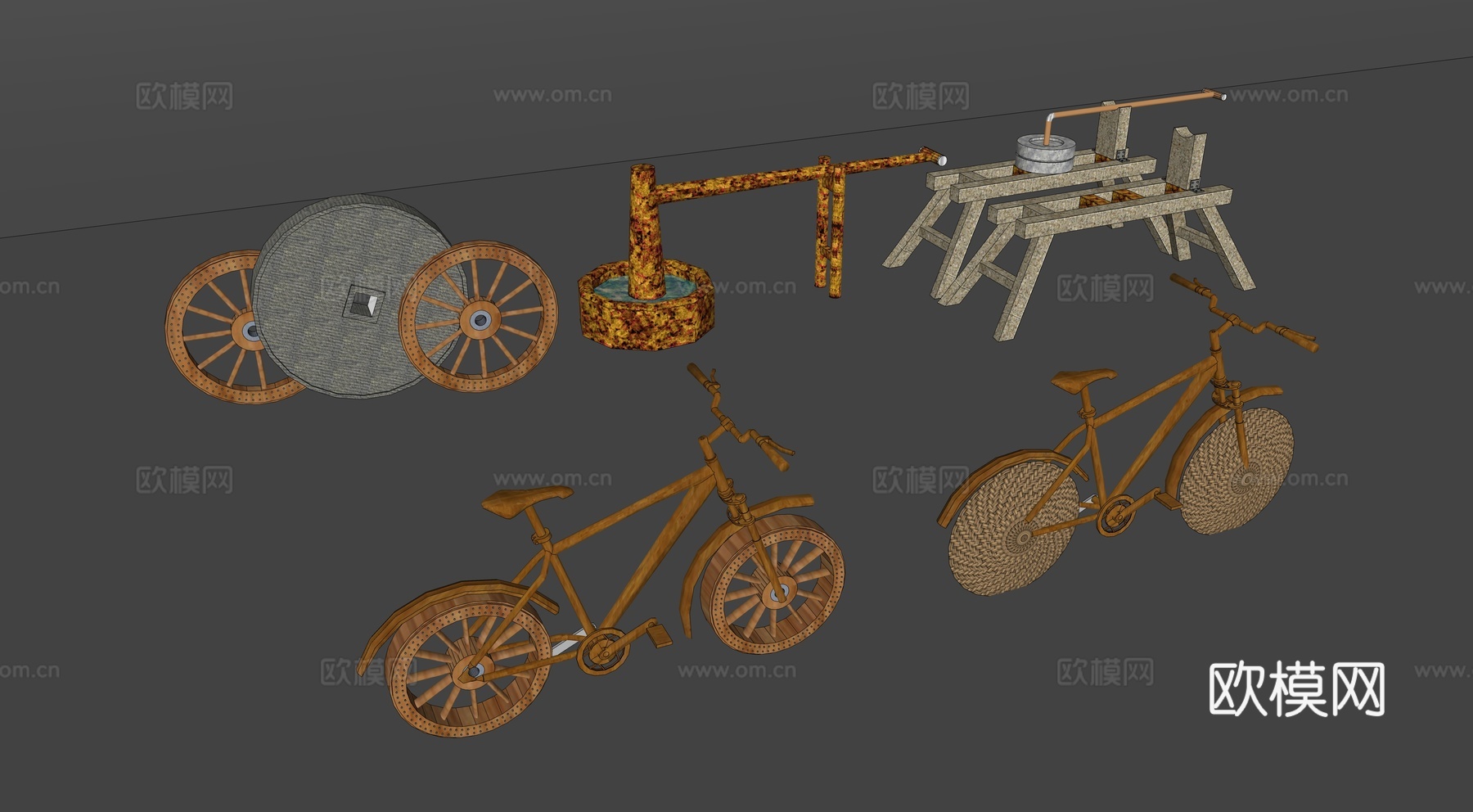 中式乡村农具改造 乡村自行车 农具上墙 农具景观小品 生态景su模型