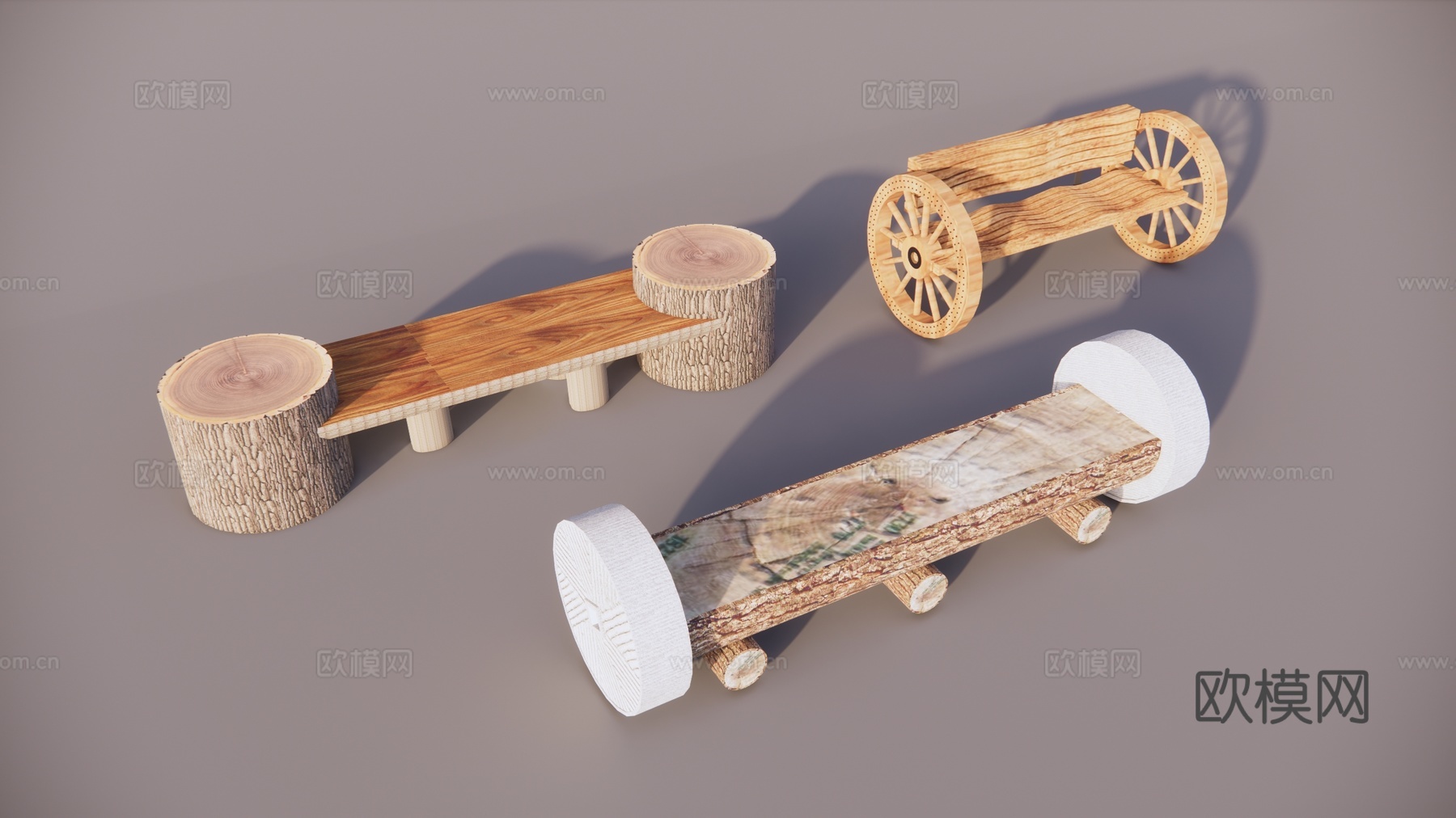中式乡村原生态座椅 农村景观座椅 农具景观小品 石磨座椅景观3d模型