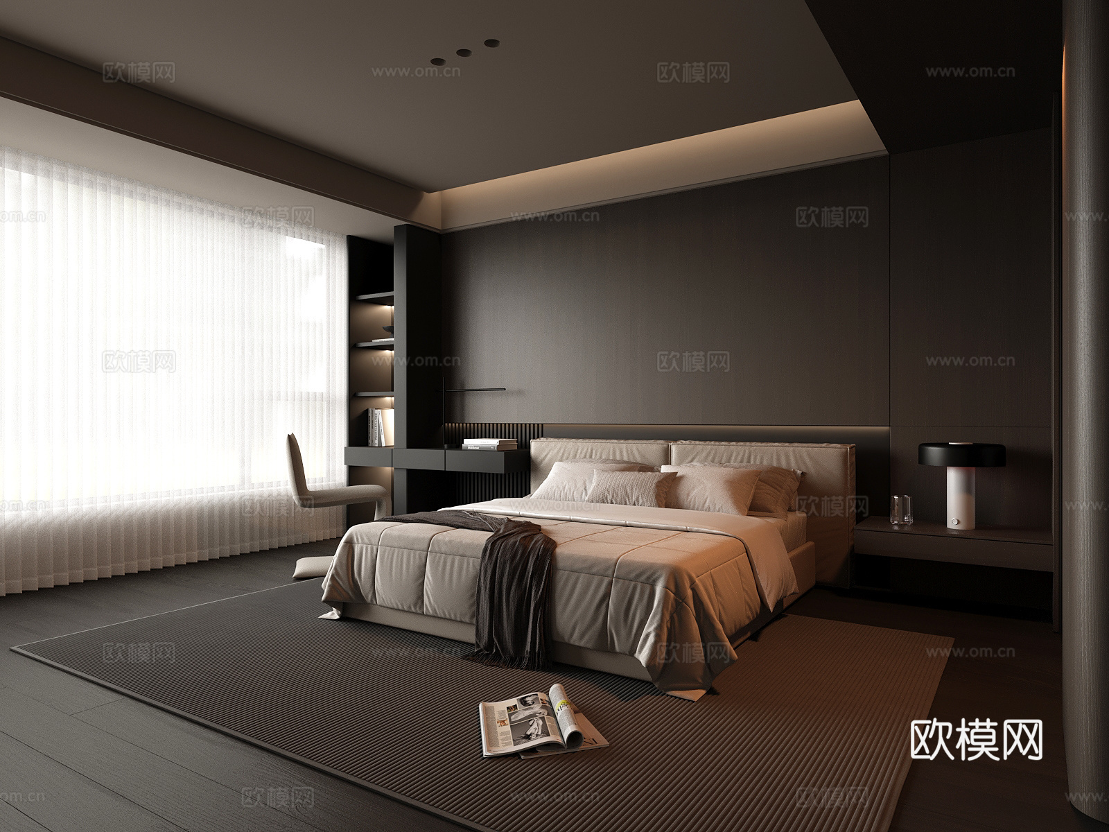 现代意式卧室 双人床 衣柜 梦幻帘 拉帘3d模型