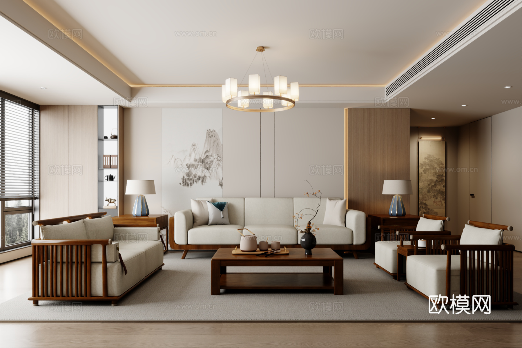 新中式沙发组合 茶几 地毯3d模型
