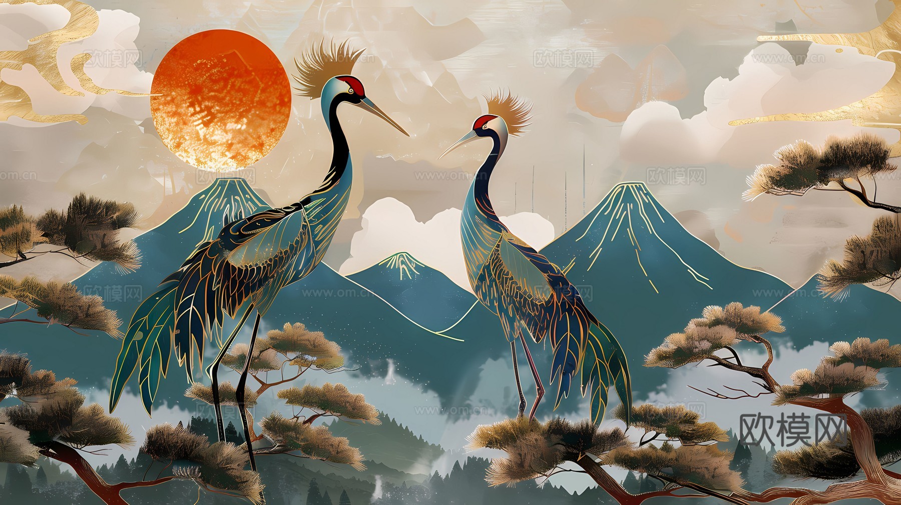 新中式国风壁纸壁画下载（渲染图3）