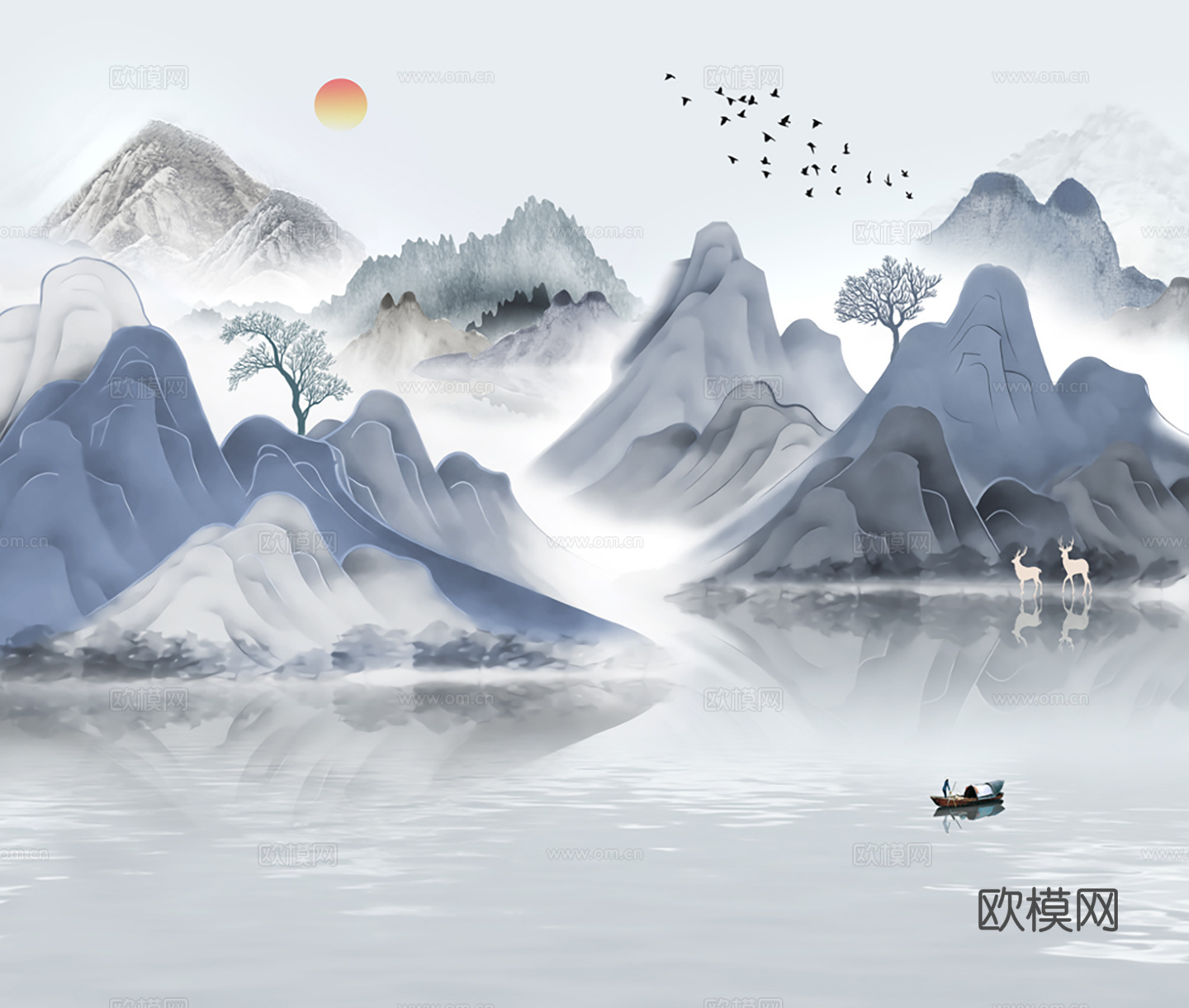 新中式山水壁画贴图
