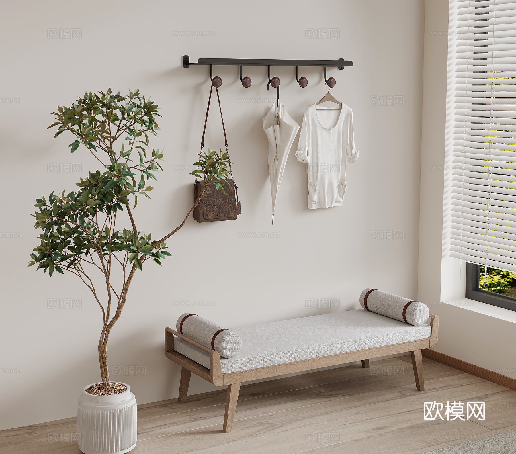 挂衣钩 现代挂衣钩 衣服 换鞋凳 绿植su模型