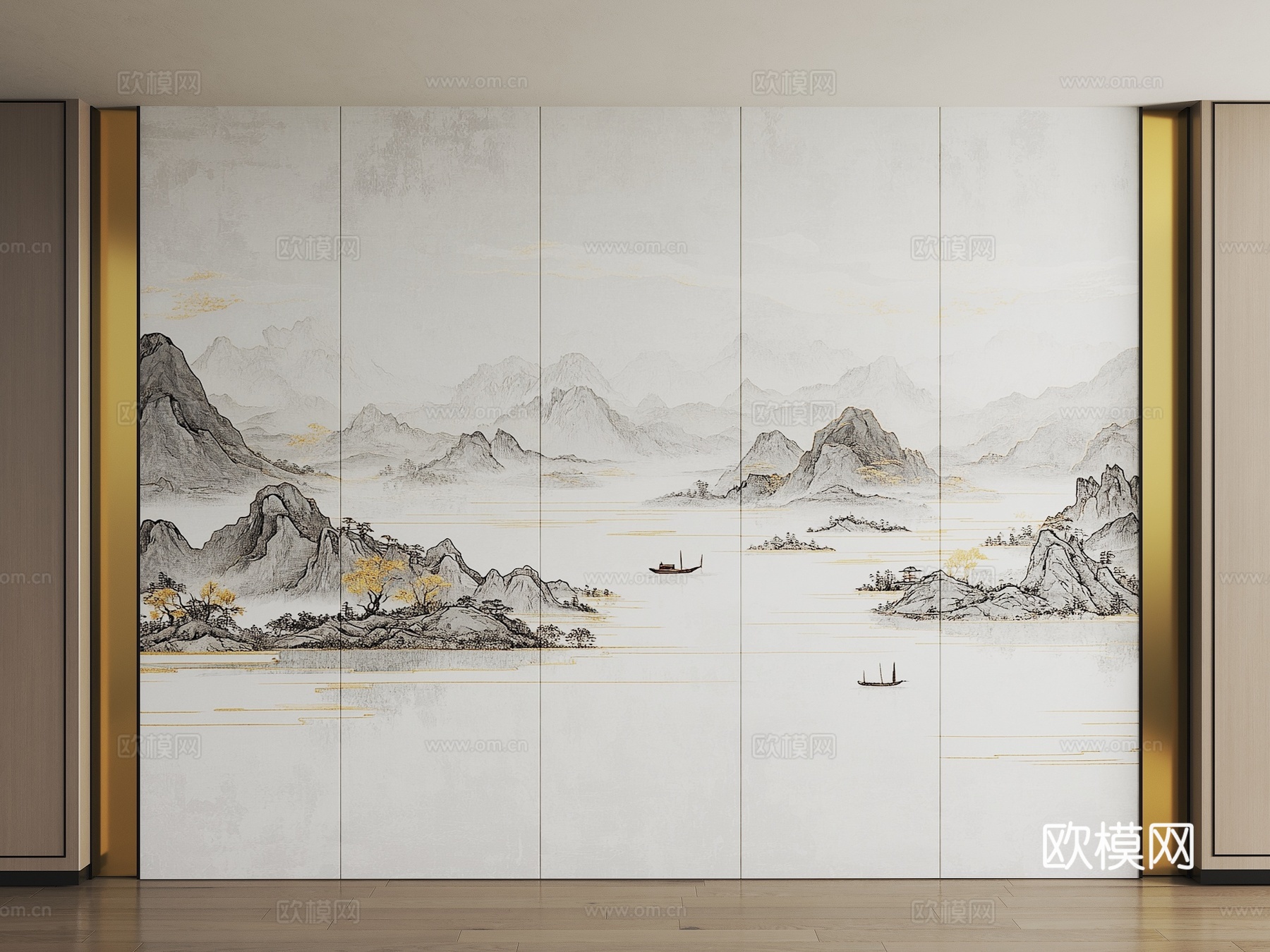 山水画背景墙 山水画护墙板 山水画屏风 新中式禅意硬包 新中3d模型