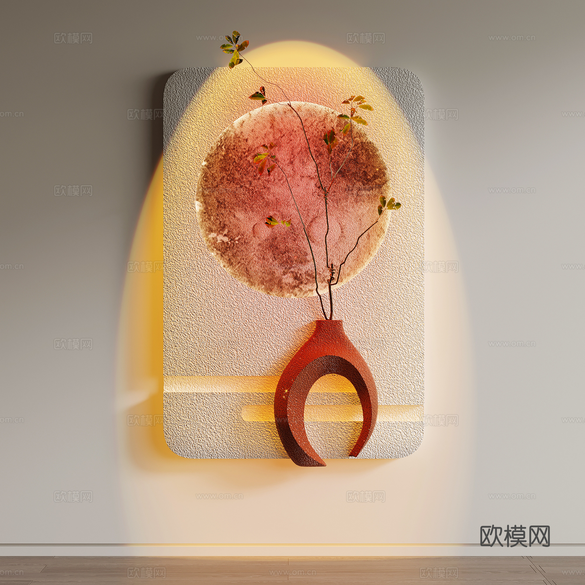墙饰挂画 现代墙饰 肌理挂画 绿植 落日灯3d模型