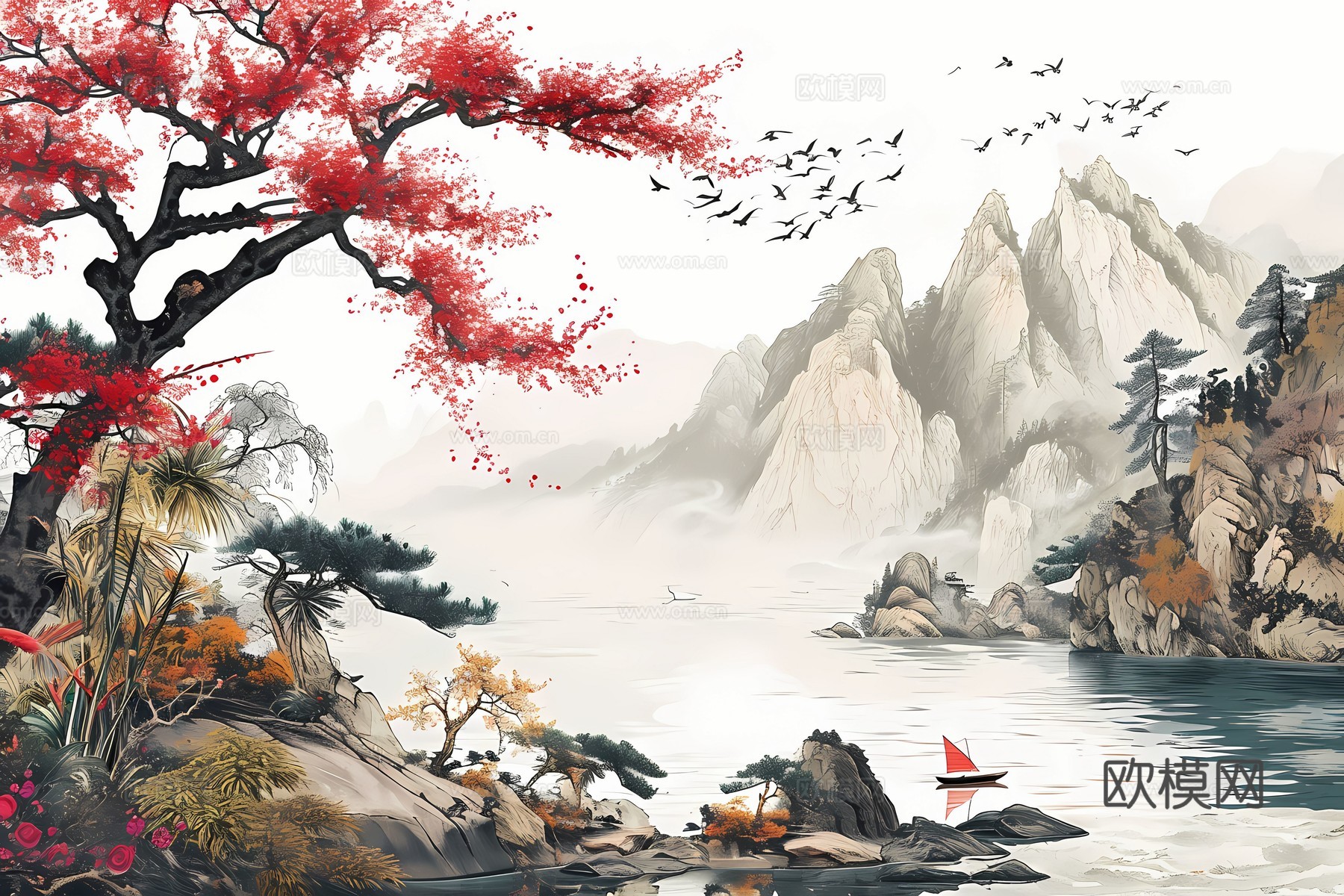 新中式国风壁纸壁画下载（渲染图5）