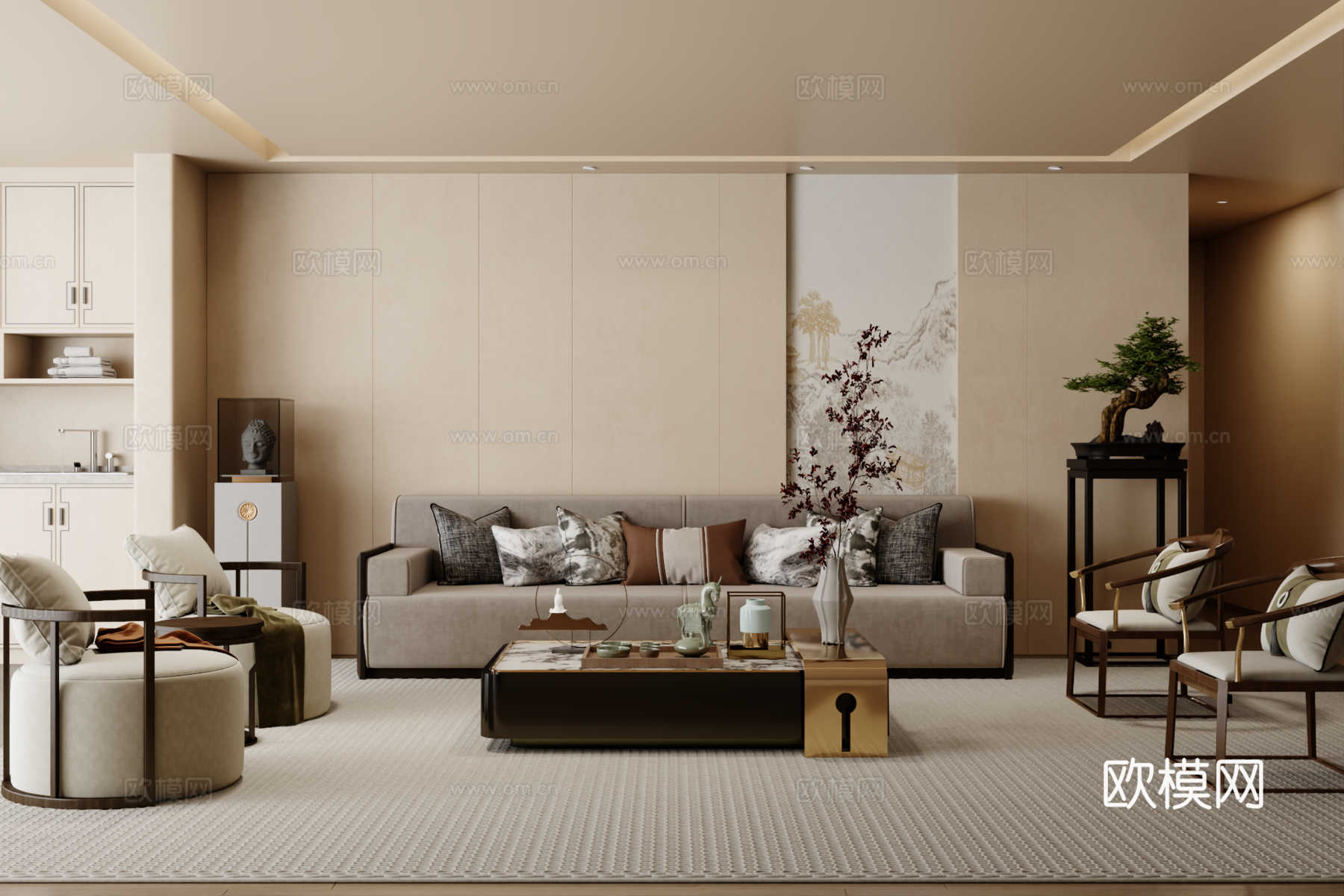 新中式沙发组合 茶几 地毯3d模型