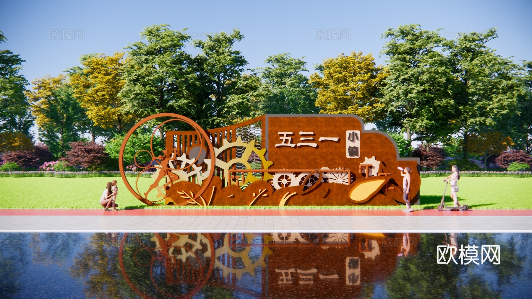 工业风景墙 齿轮镂空景墙形象标识锈钢板景墙su模型