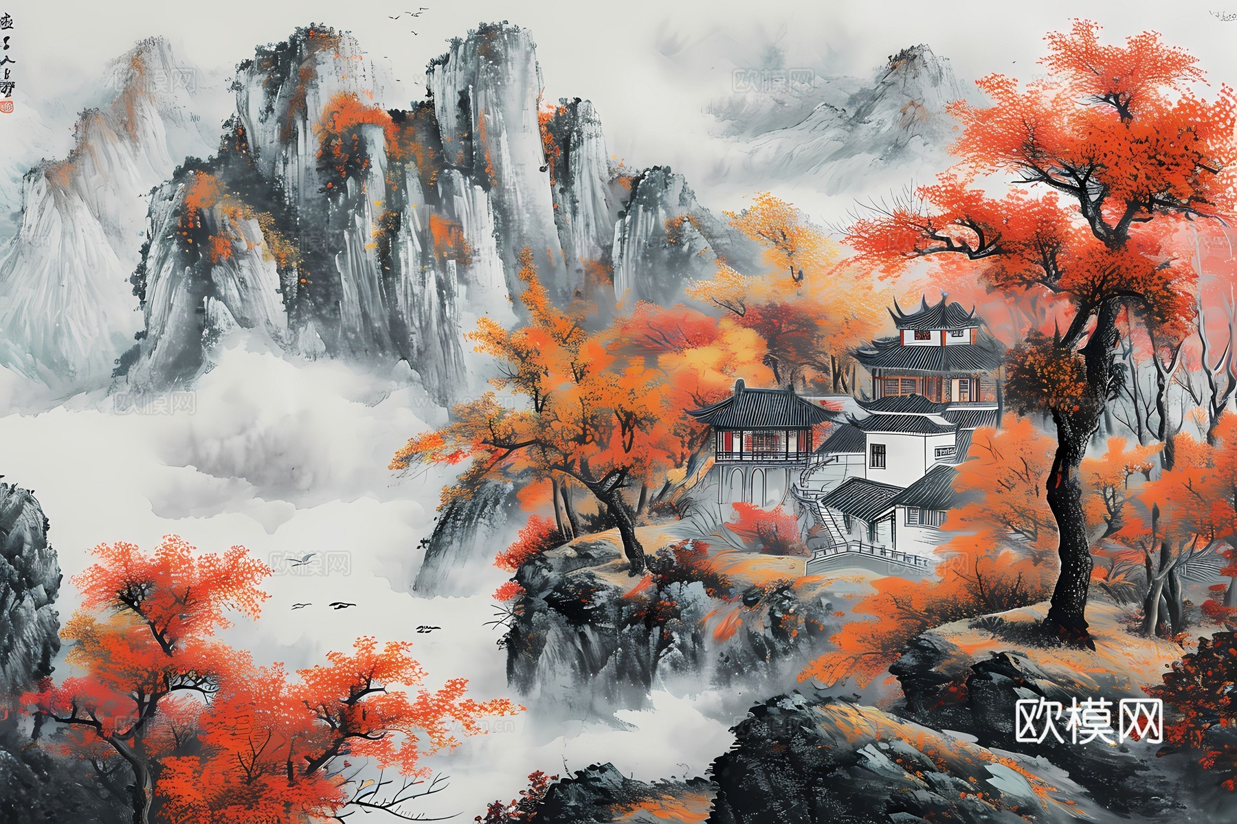 新中式国风壁纸壁画下载（渲染图8）