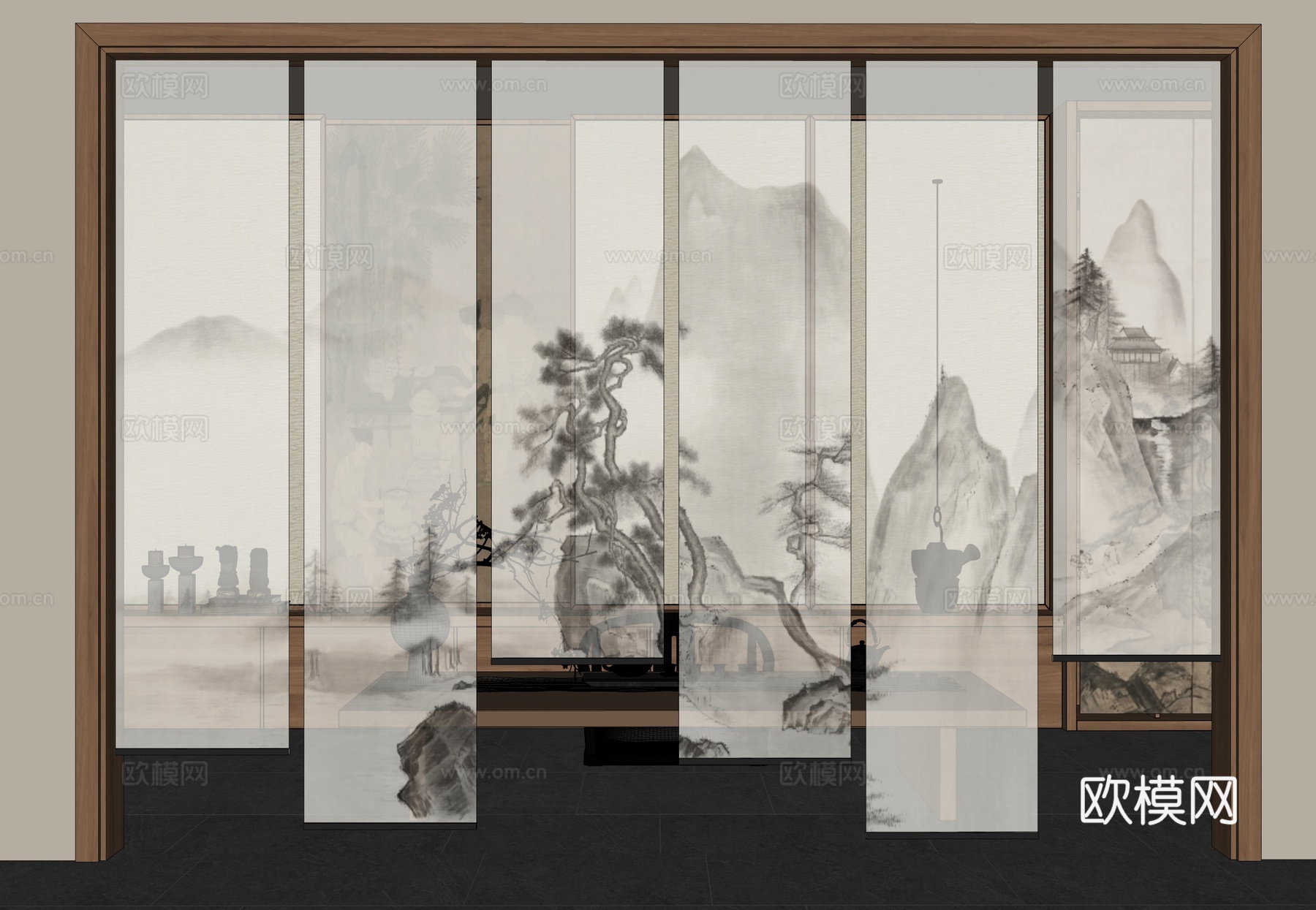 新中式禅意纱帘 山水画纱帘 水墨画纱帘 茶室卷帘 新中式卷帘su模型