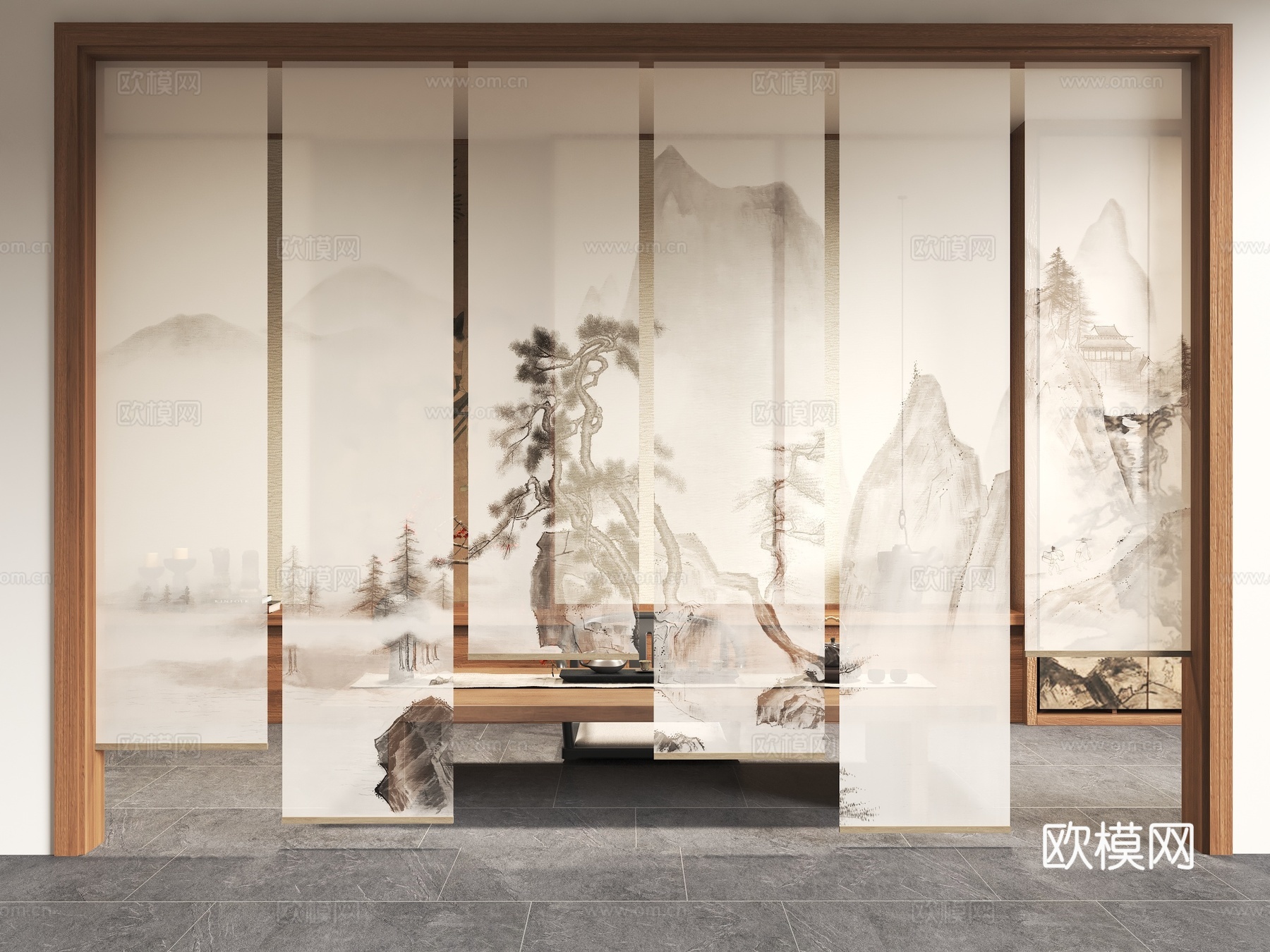 新中式禅意纱帘 山水画纱帘 水墨画纱帘 茶室卷帘 新中式卷帘3d模型