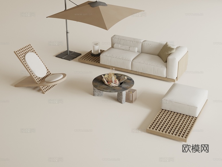 侘寂戶外沙發(fā)茶幾組合 休閑椅 遮陽傘3d模型下載