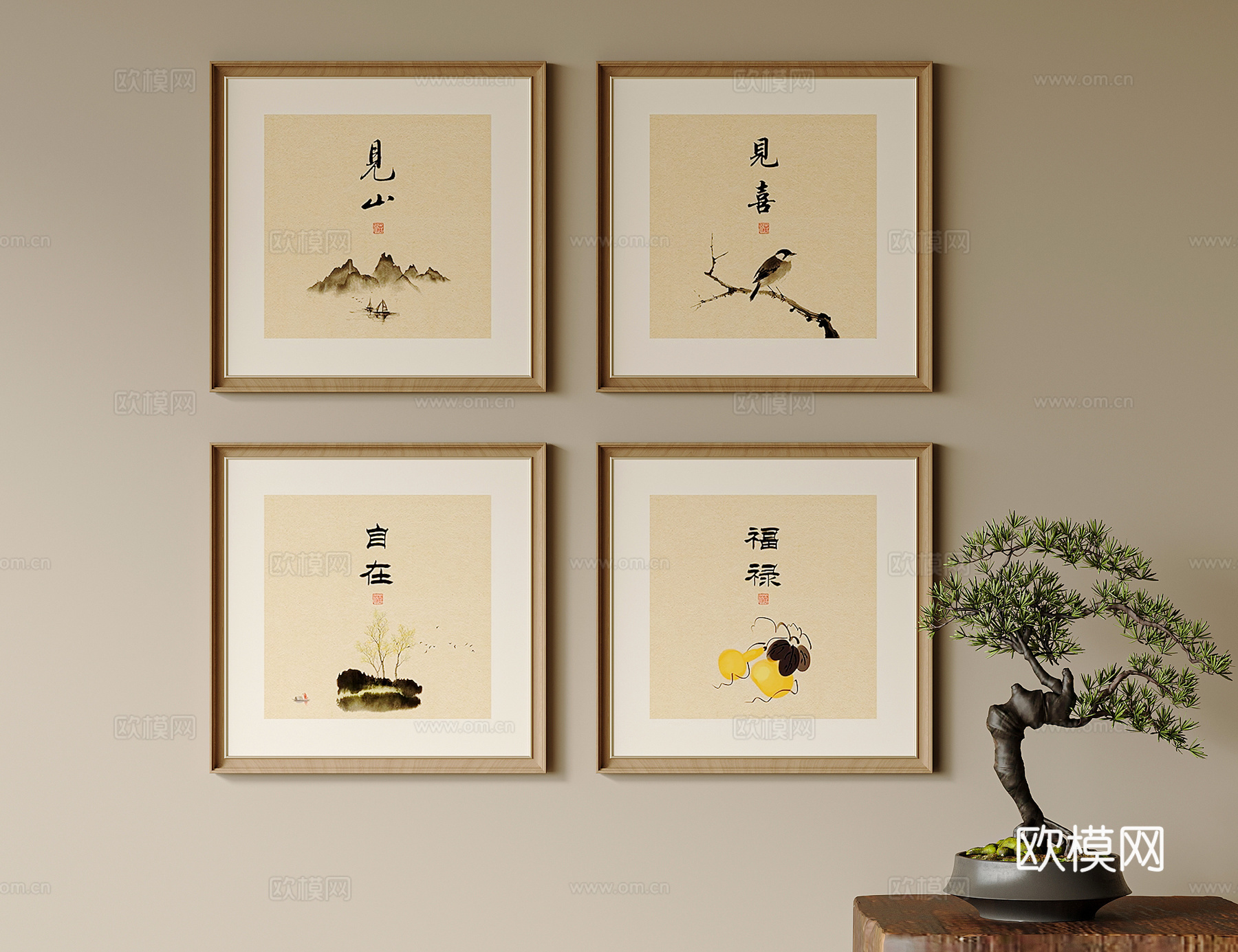 新中式挂画 客厅挂画 卧室挂画 盆栽su模型
