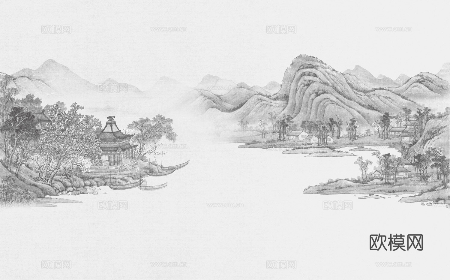 中式山水壁画背景墙贴图