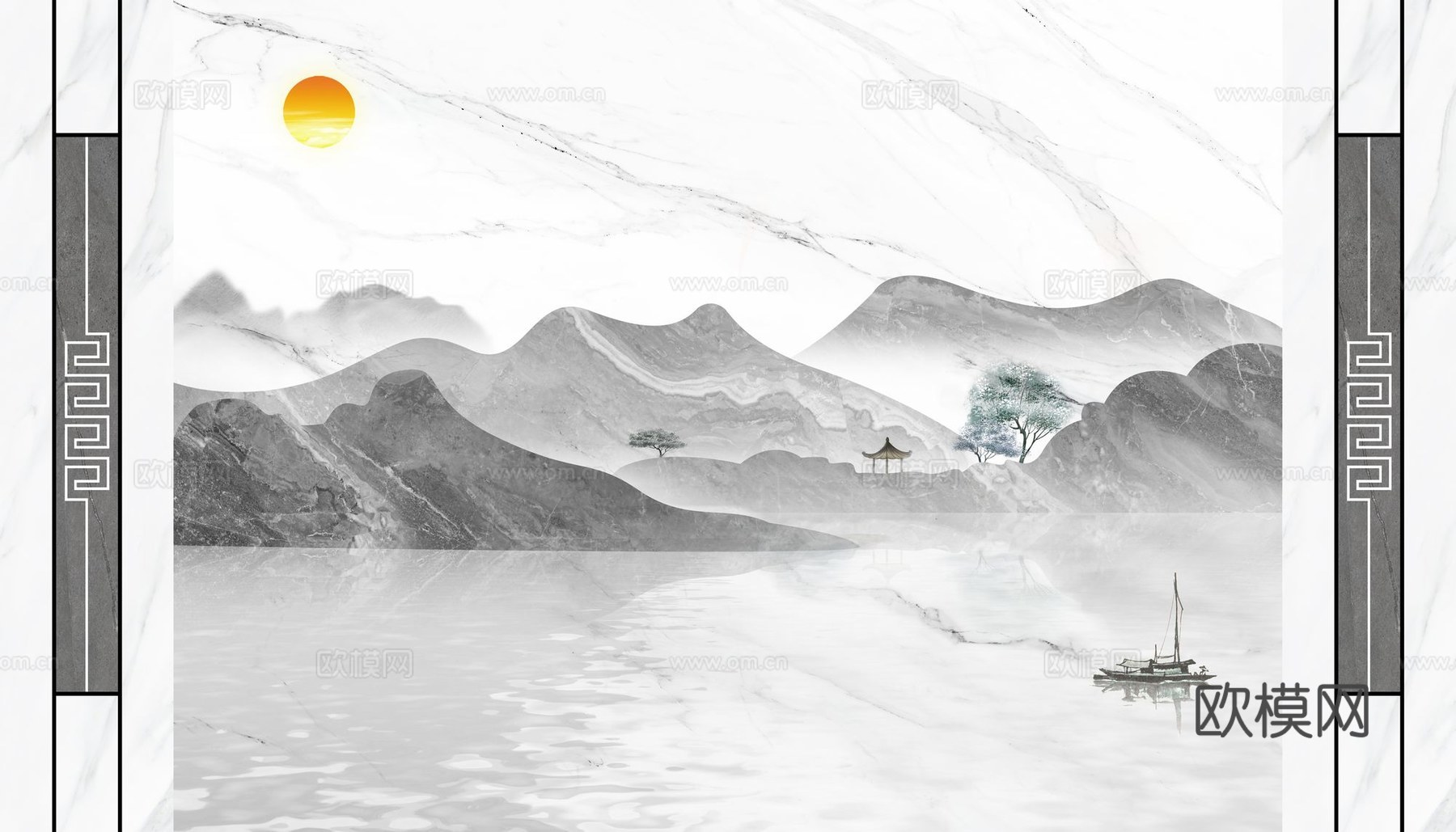 新中式山水壁纸壁画下载（渲染图4）