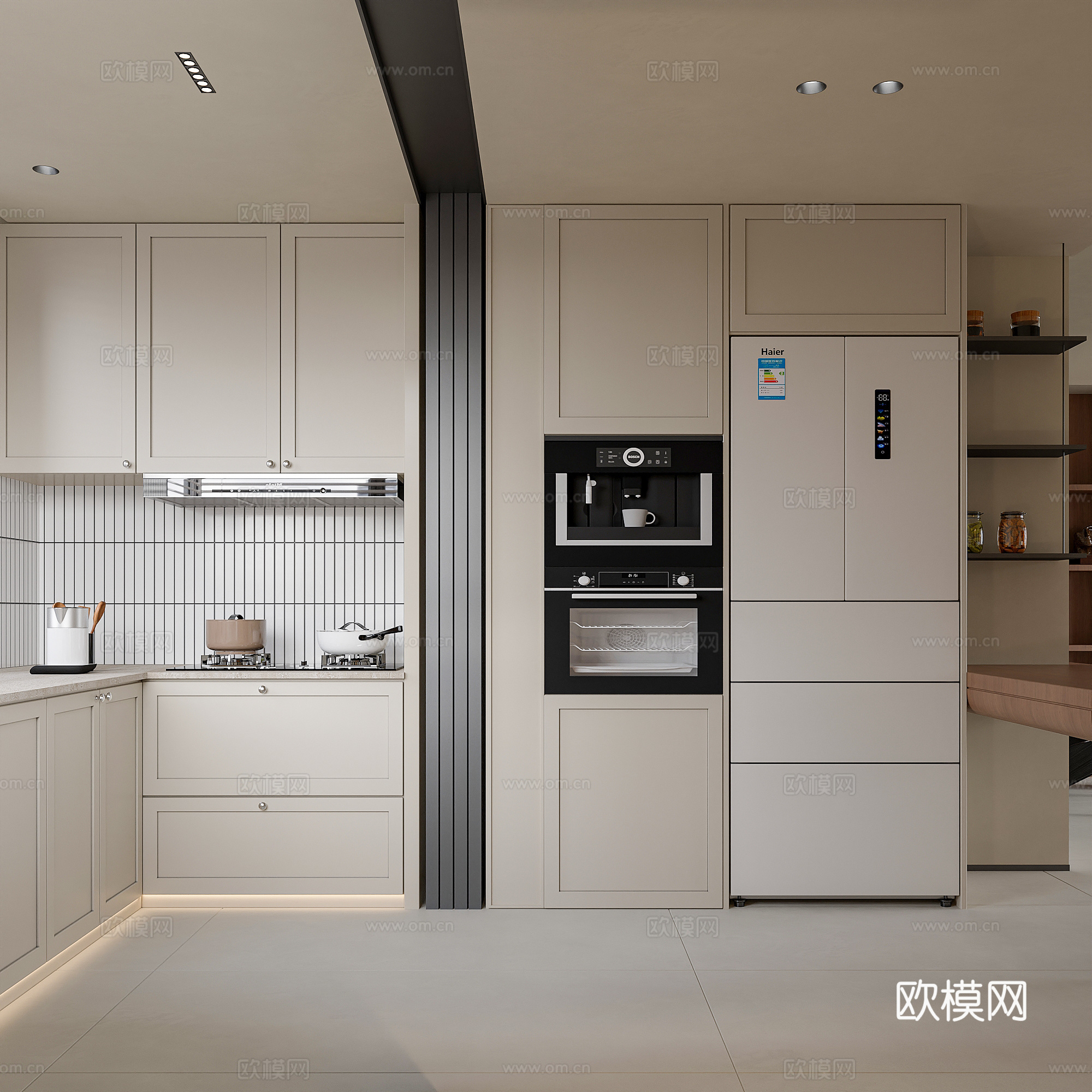 现代中古大平层客餐厅 中古餐桌椅 楼梯 壁炉 开放式厨房 洋su模型下载（渲染图4）