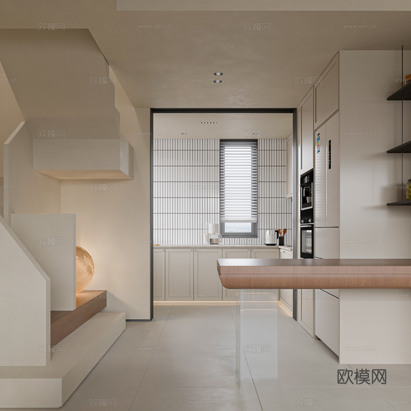 現(xiàn)代中古大平層客餐廳 中古餐桌椅 樓梯 壁爐 開(kāi)放式廚房3d模型下載(渲染圖3)