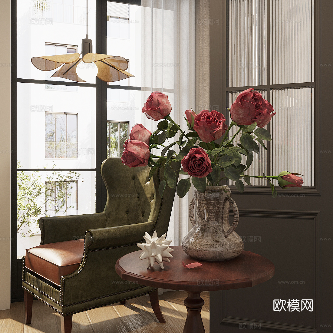 花艺摆件 花艺花瓶 插花花艺 复古灯饰 单人休闲沙发3d模型
