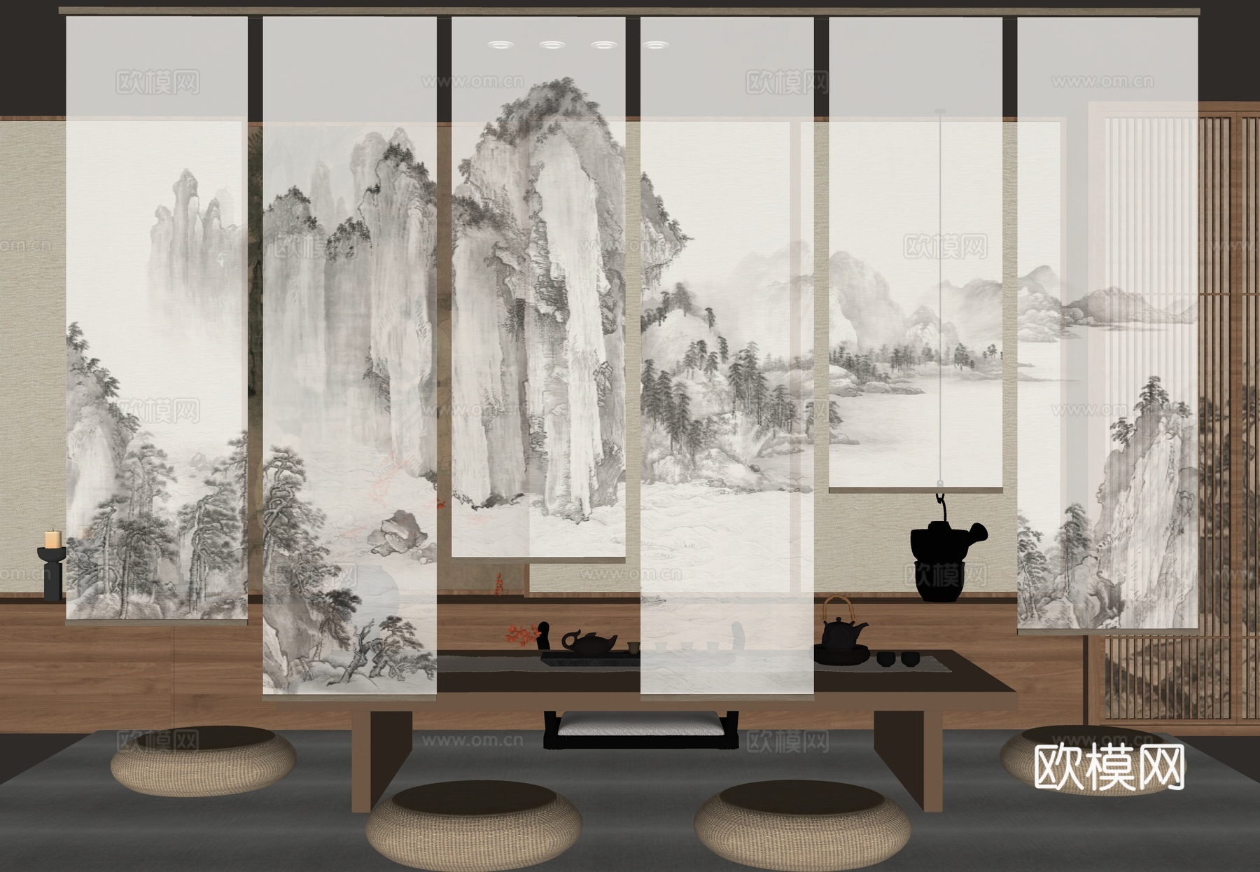 新中式禅意纱帘 山水画纱帘 水墨画纱帘 茶室卷帘 新中式卷帘su模型
