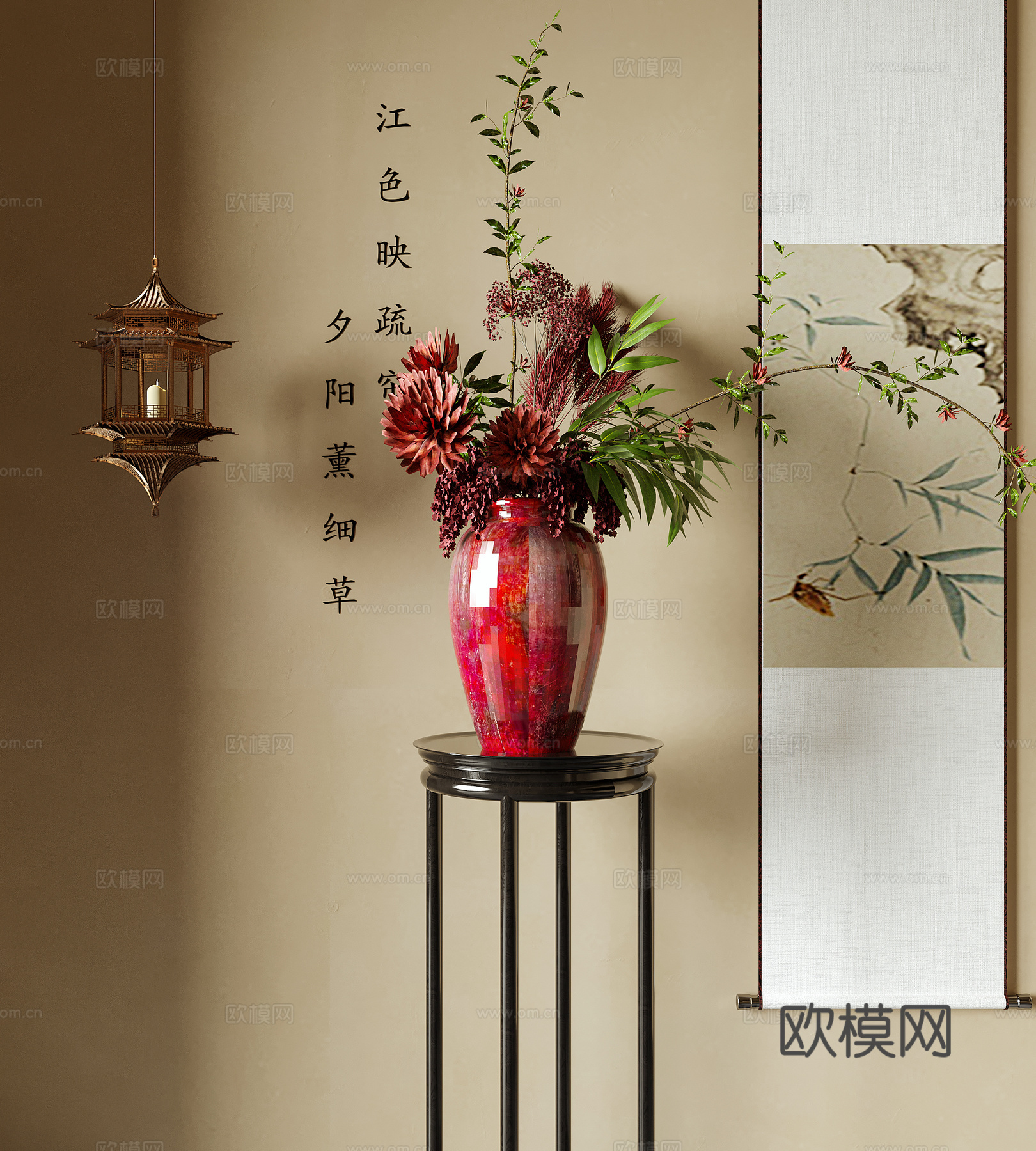 新中式花瓶花艺 插花花艺 挂画su模型