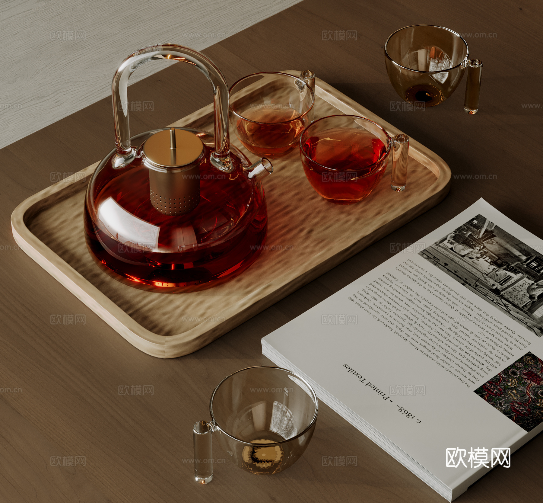 现代茶具摆件 茶几摆件 茶杯 茶壶 茶盘 书籍3d模型