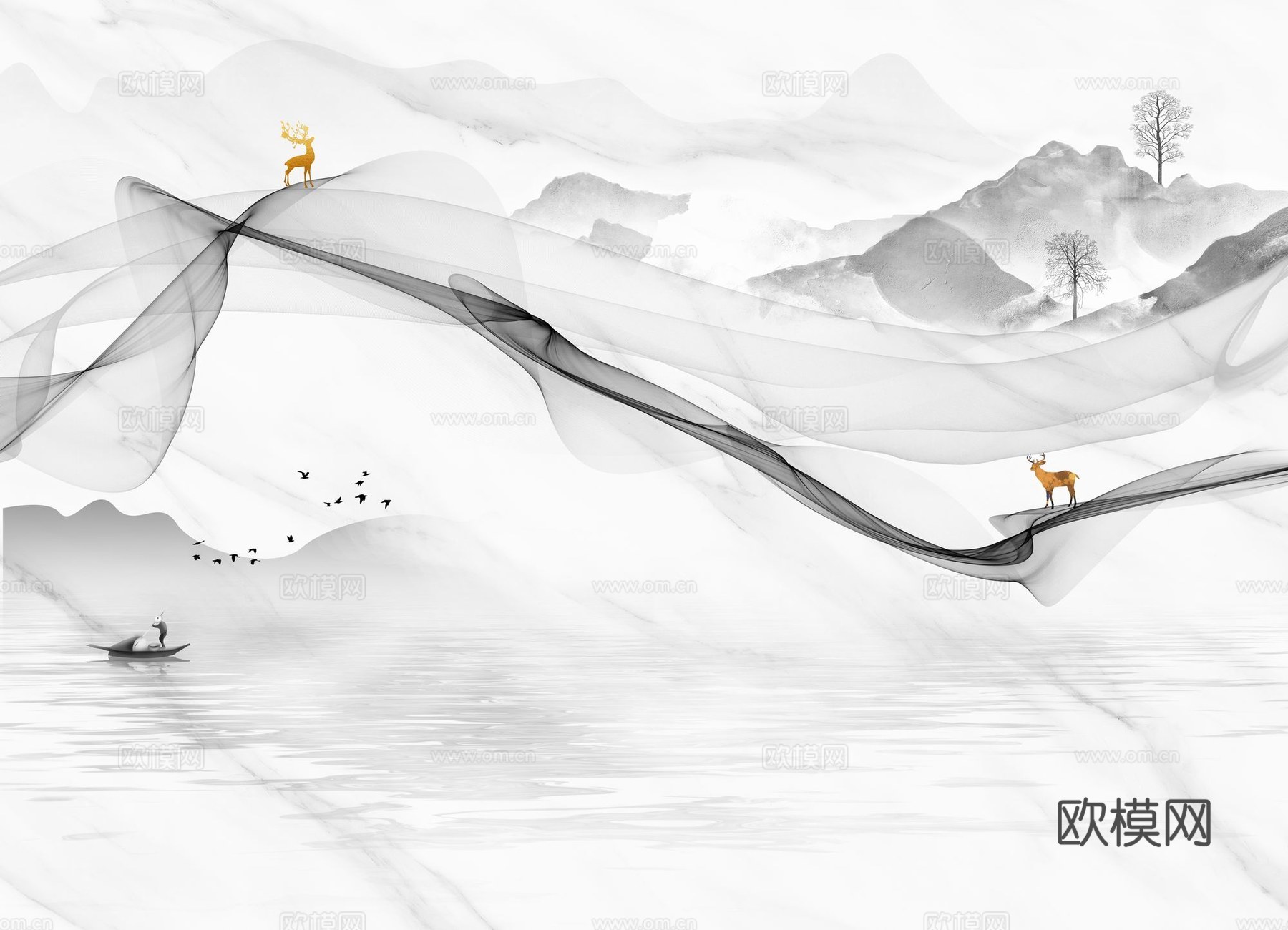 新中式山水壁纸壁画下载（渲染图8）