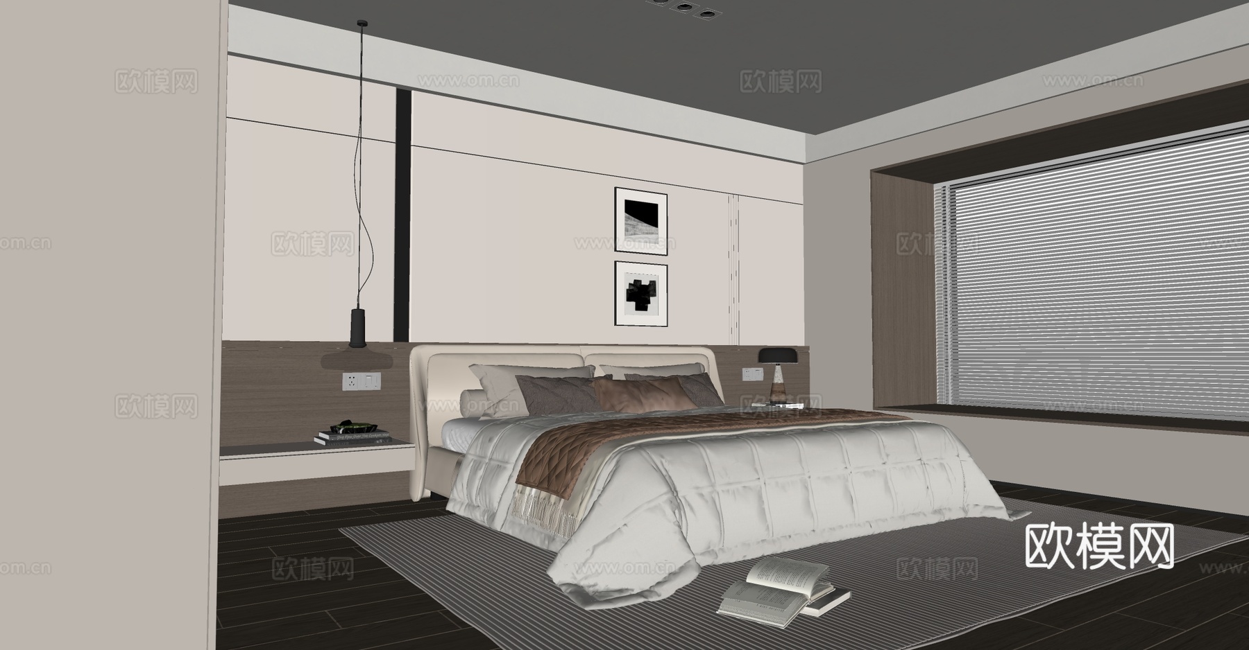 现代简约卧室 主卧双人床 衣柜 台灯 吊灯 挂画su模型