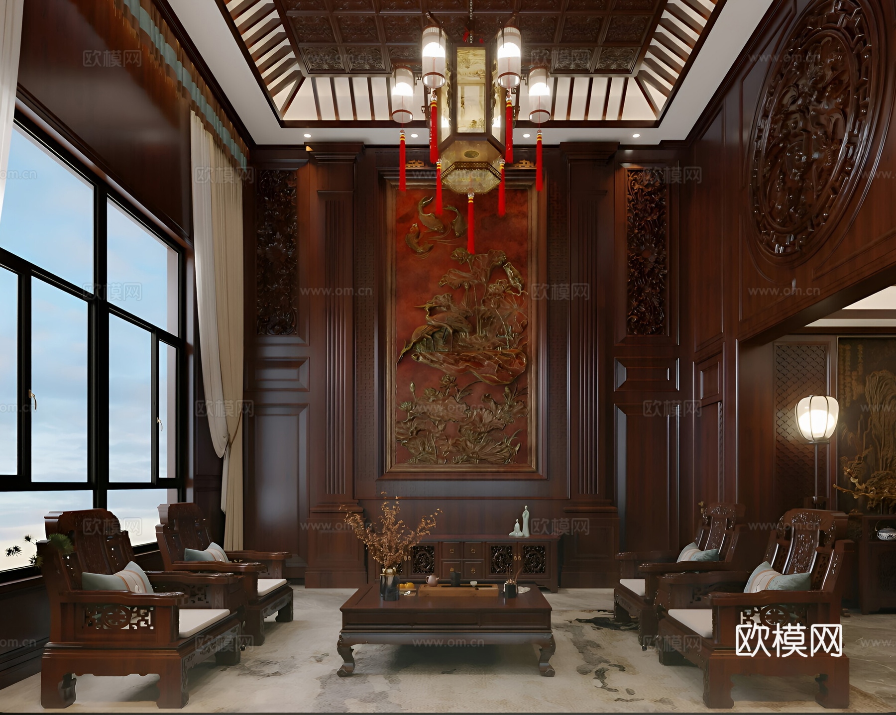 中式别墅客厅 轻奢3d模型
