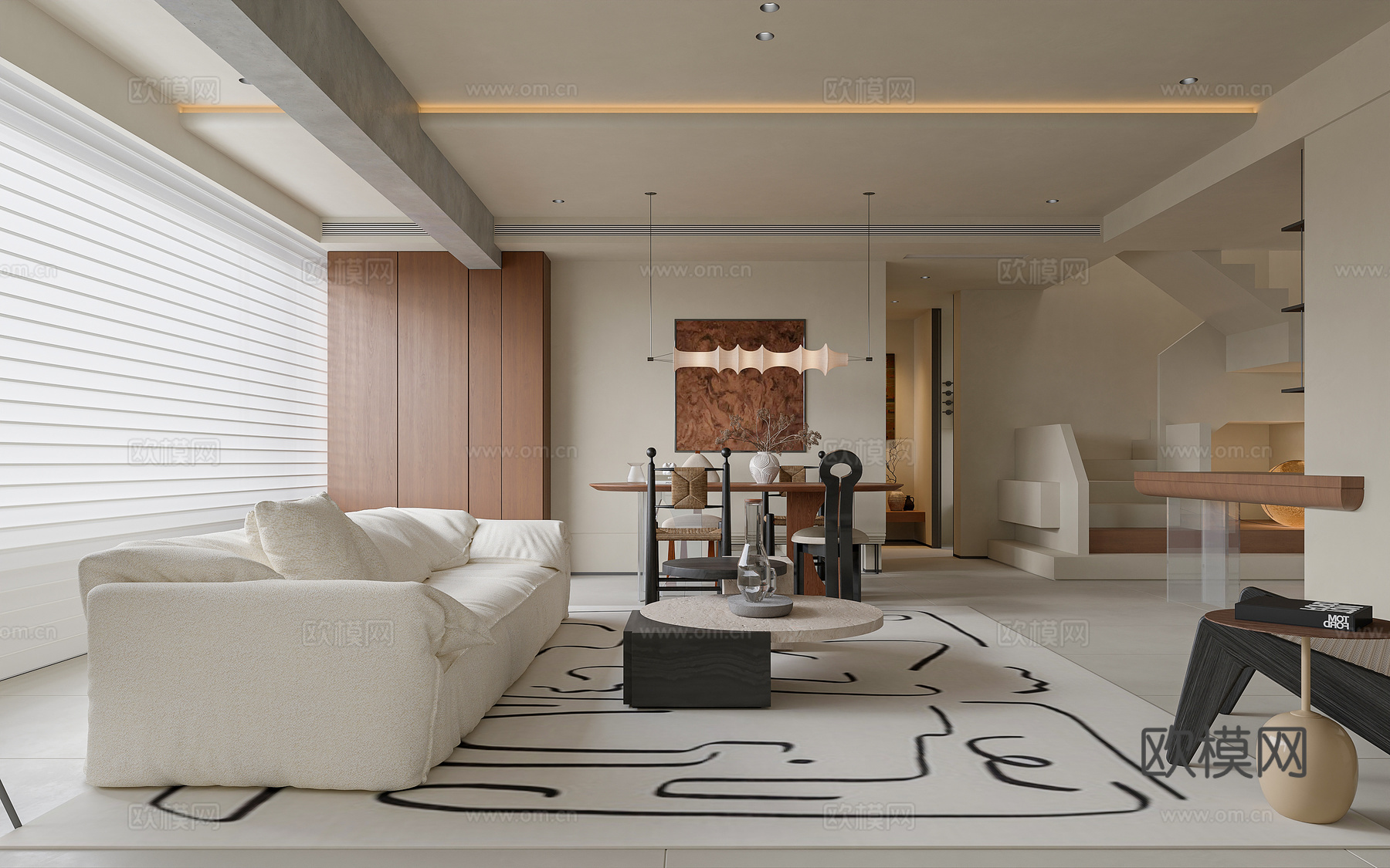 现代中古大平层客餐厅 中古餐桌椅 楼梯 壁炉 开放式厨房 洋su模型下载（渲染图1）