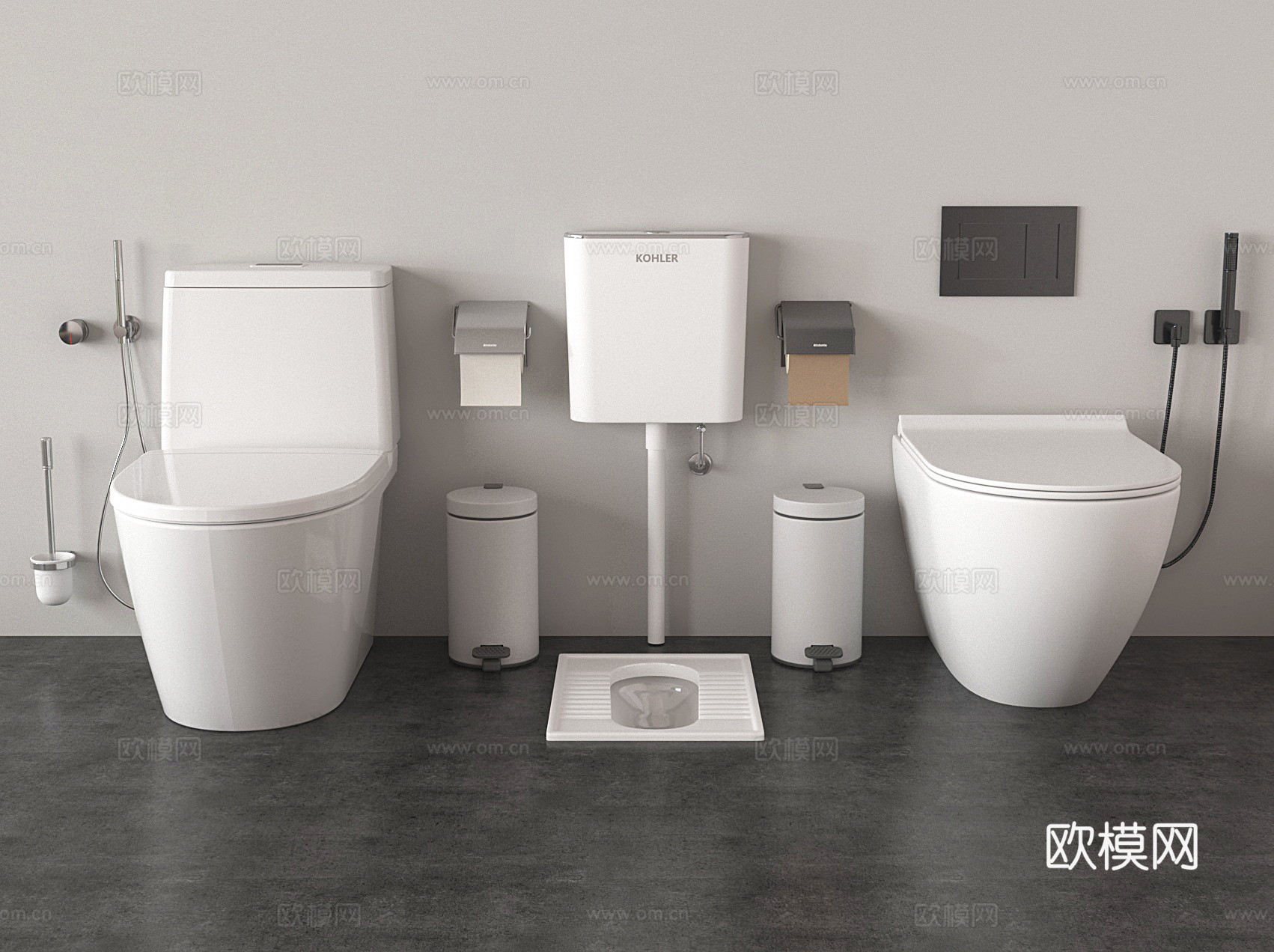 坐便器 马桶 蹲便器 蹲厕 垃圾桶 卷纸架3d模型