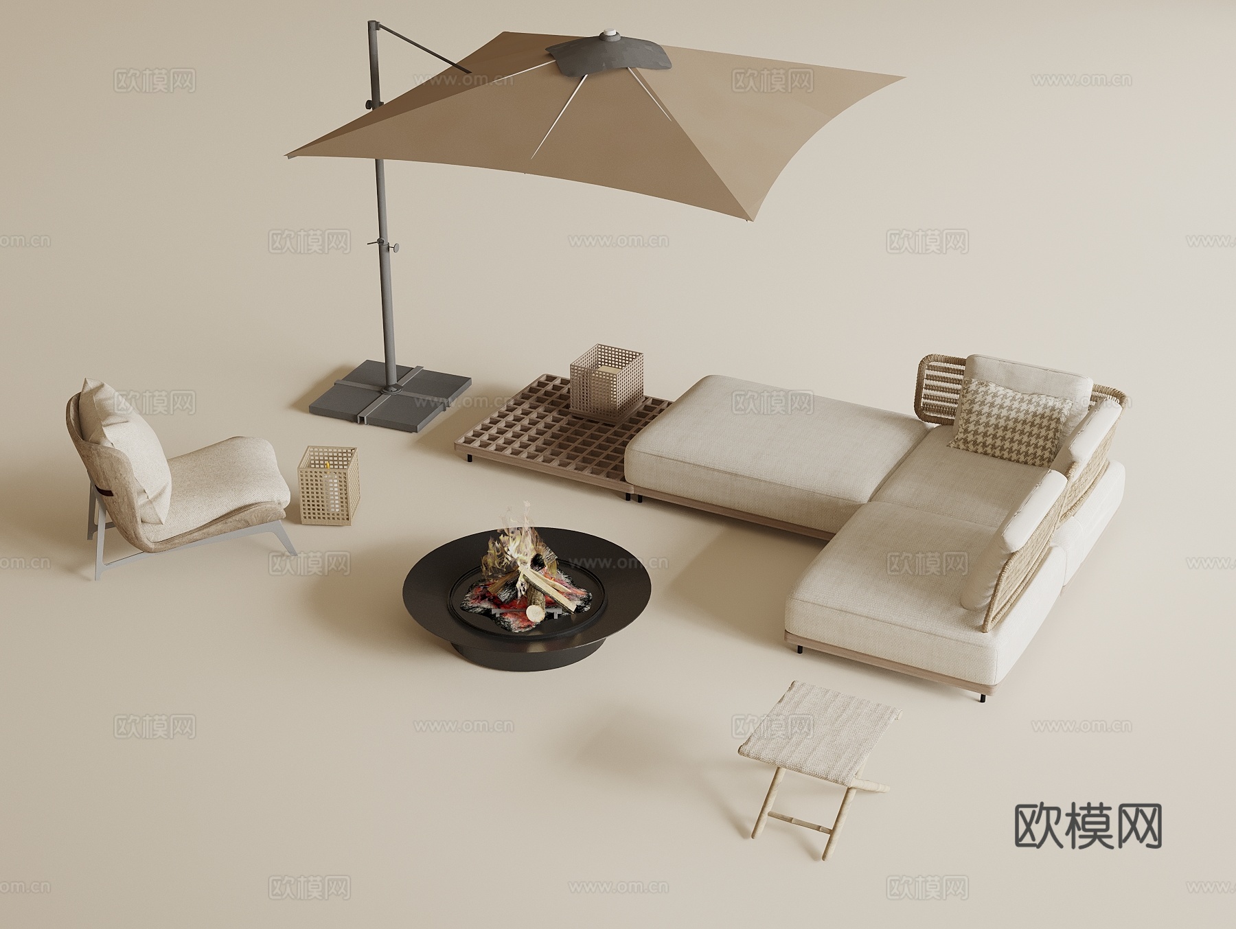 侘寂户外沙发茶几组合 休闲椅 遮阳伞3d模型