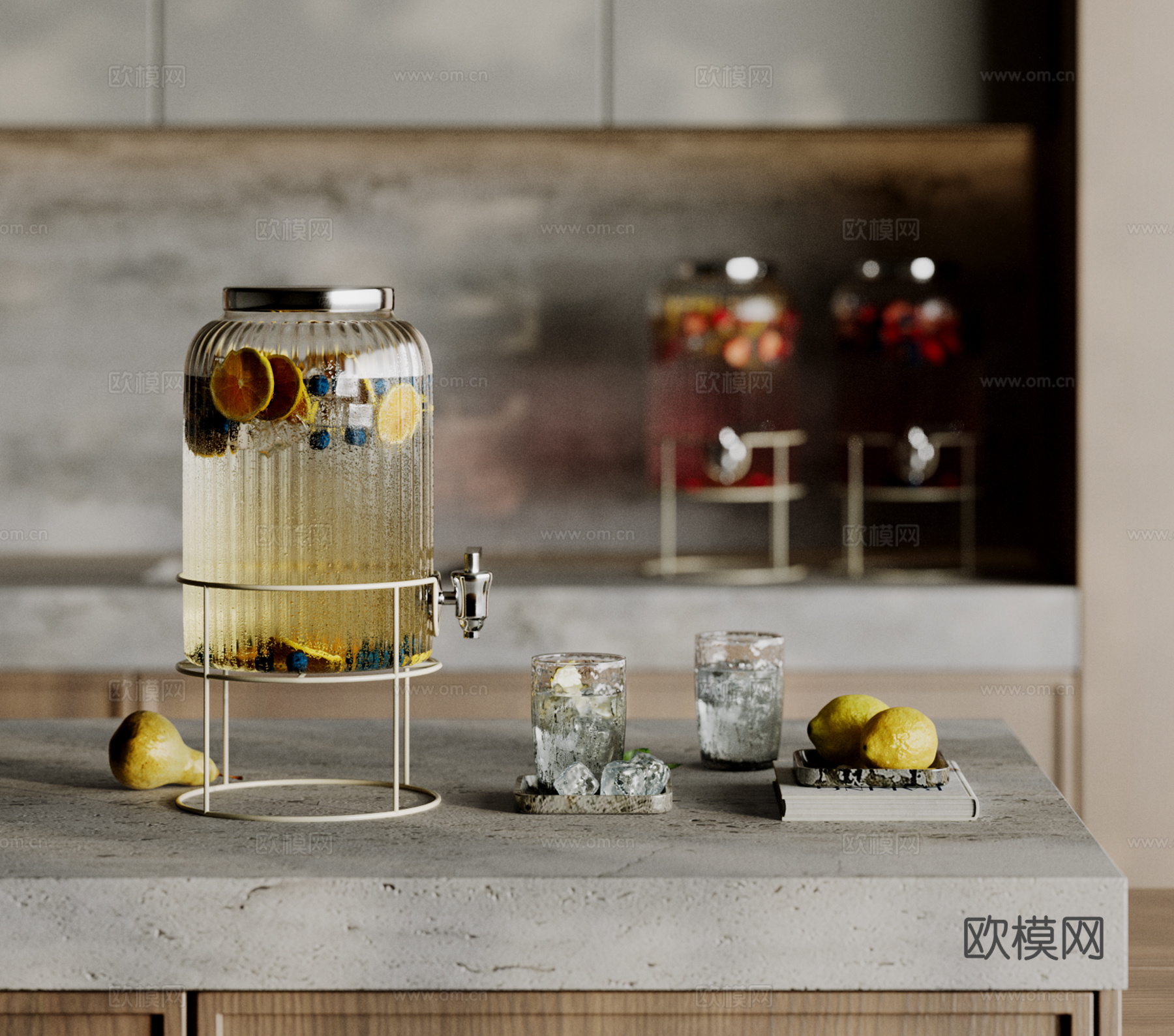 现代厨房用品 餐桌摆件 水杯 水果茶 水果3d模型