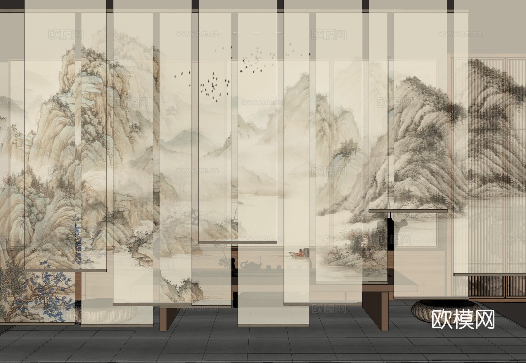 新中式禅意纱帘 山水画纱帘 水墨画纱帘 茶室卷帘 新中式卷帘su模型