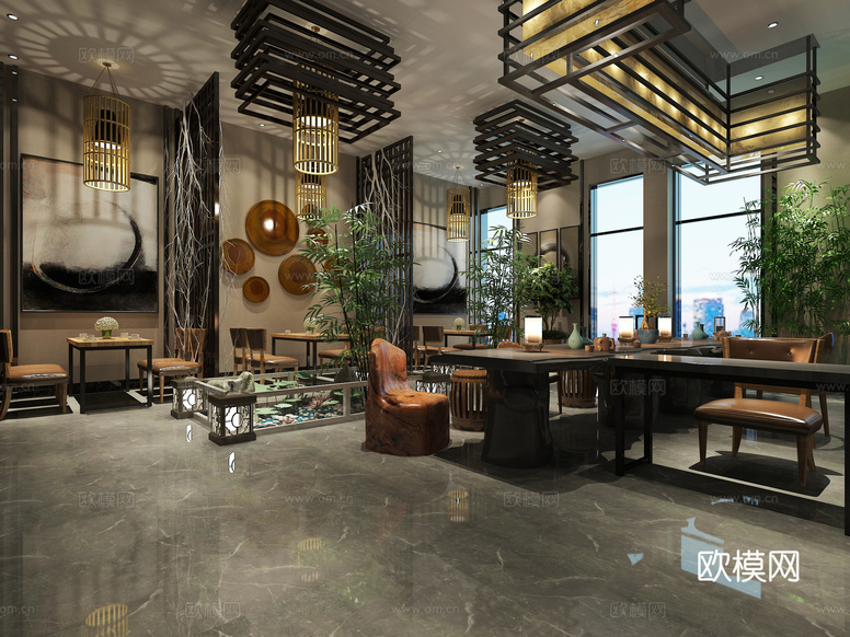 新中式餐厅3d模型下载_ID15786304_3dmax免费模型-欧模网