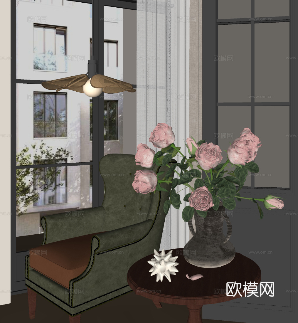 花艺摆件 花艺花瓶 插花花艺 复古灯饰 单人休闲沙发su模型