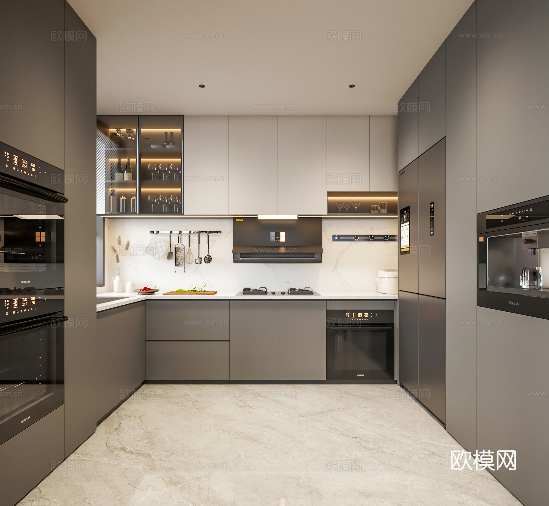 意式极简家居厨房 u型厨房 黑白灰厨房 蒸烤箱饮水机su模型