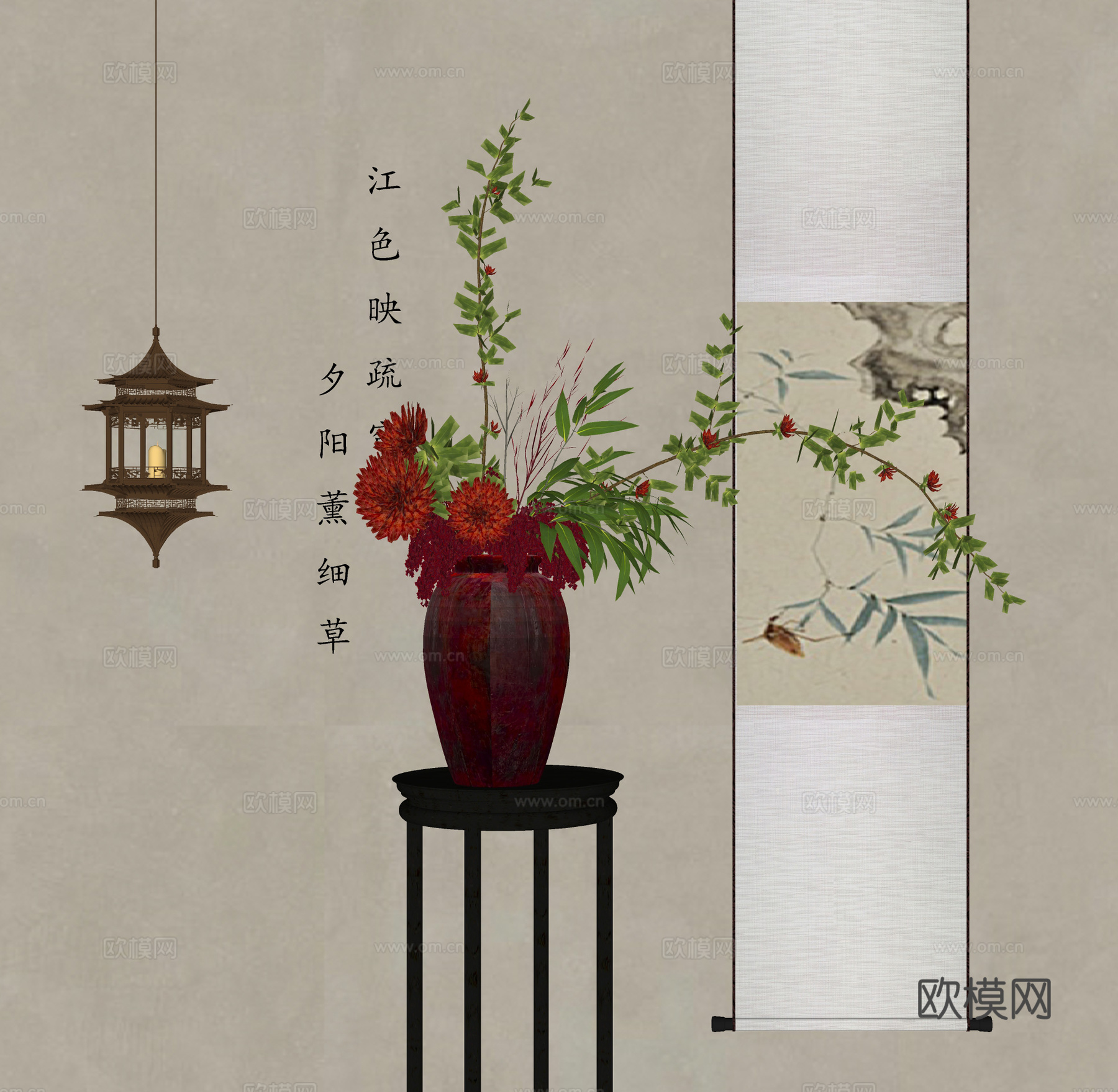 新中式花瓶花艺 插花花艺 挂画su模型
