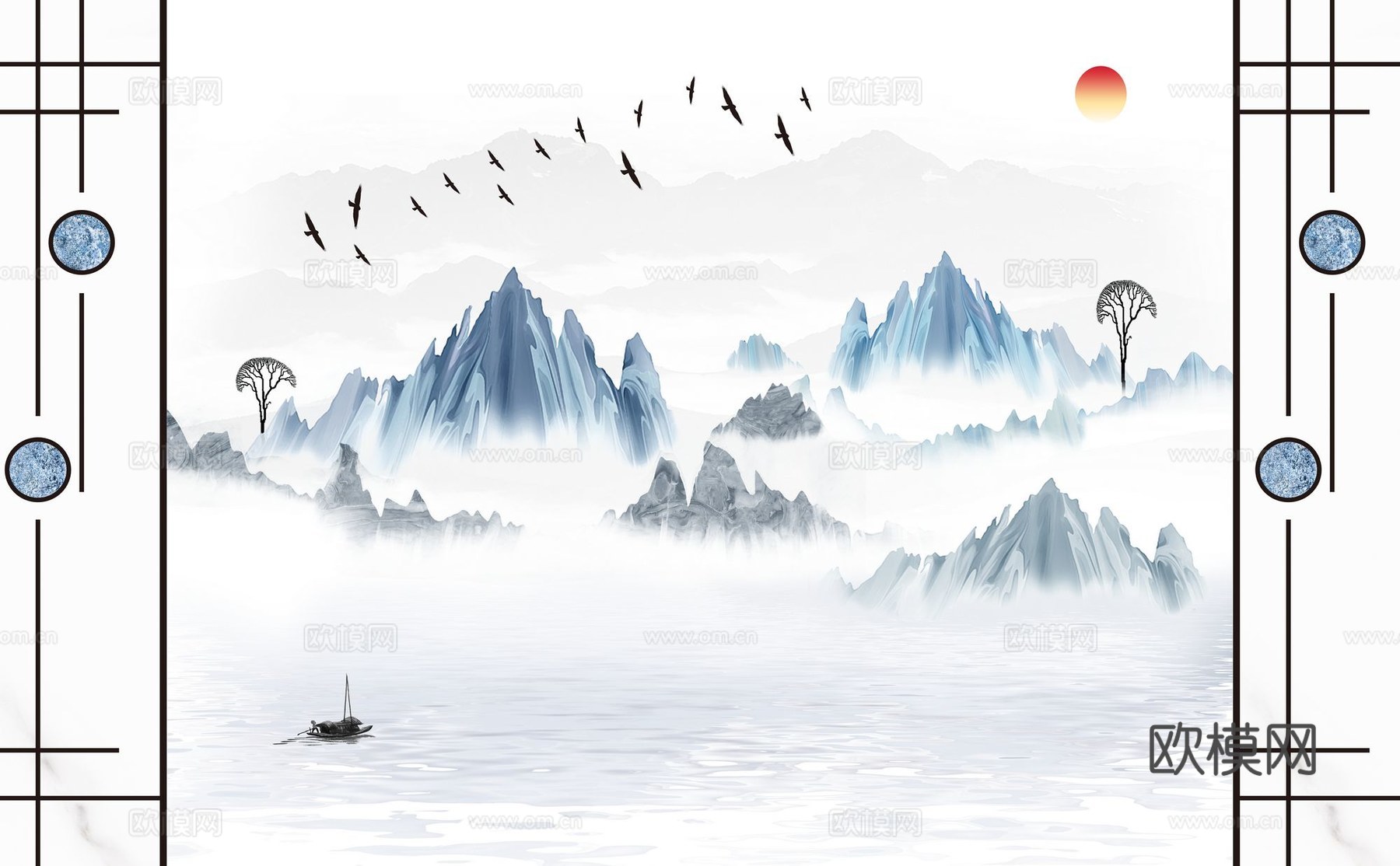 新中式山水壁纸壁画下载（渲染图1）