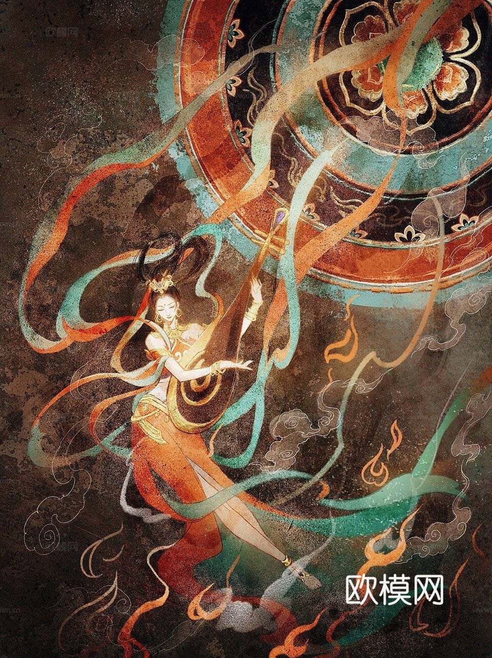 中式壁画肌理感壁画贴图