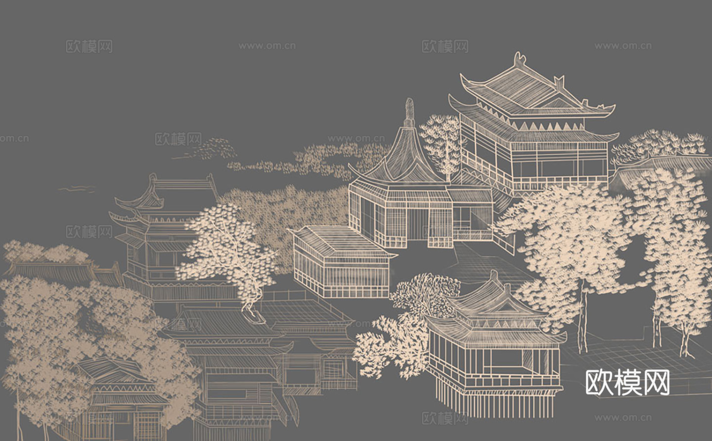 新中式山水建筑线描楼阁壁画贴图