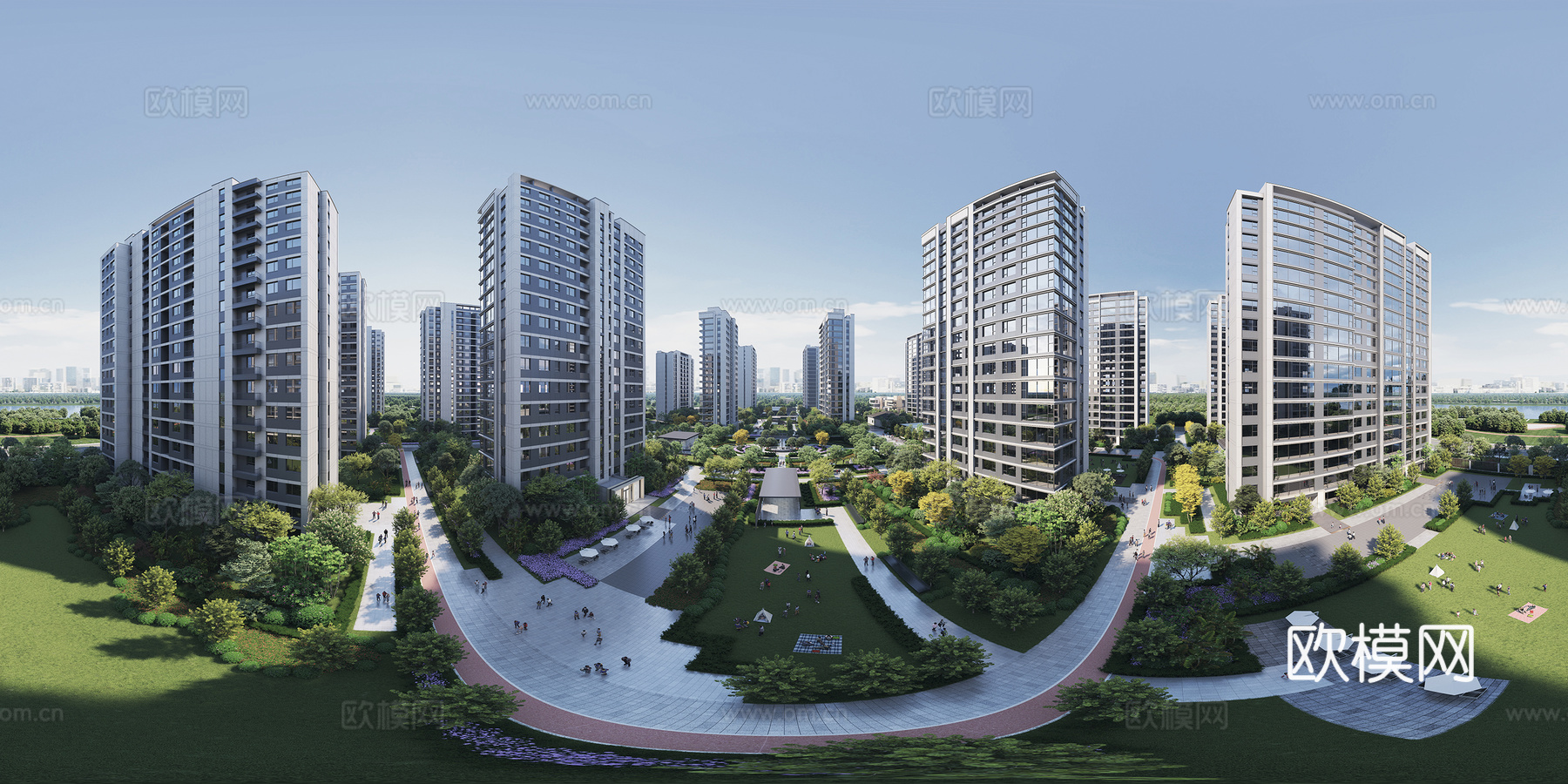 白天城市建筑  高楼  景观绿化 草坪 公园