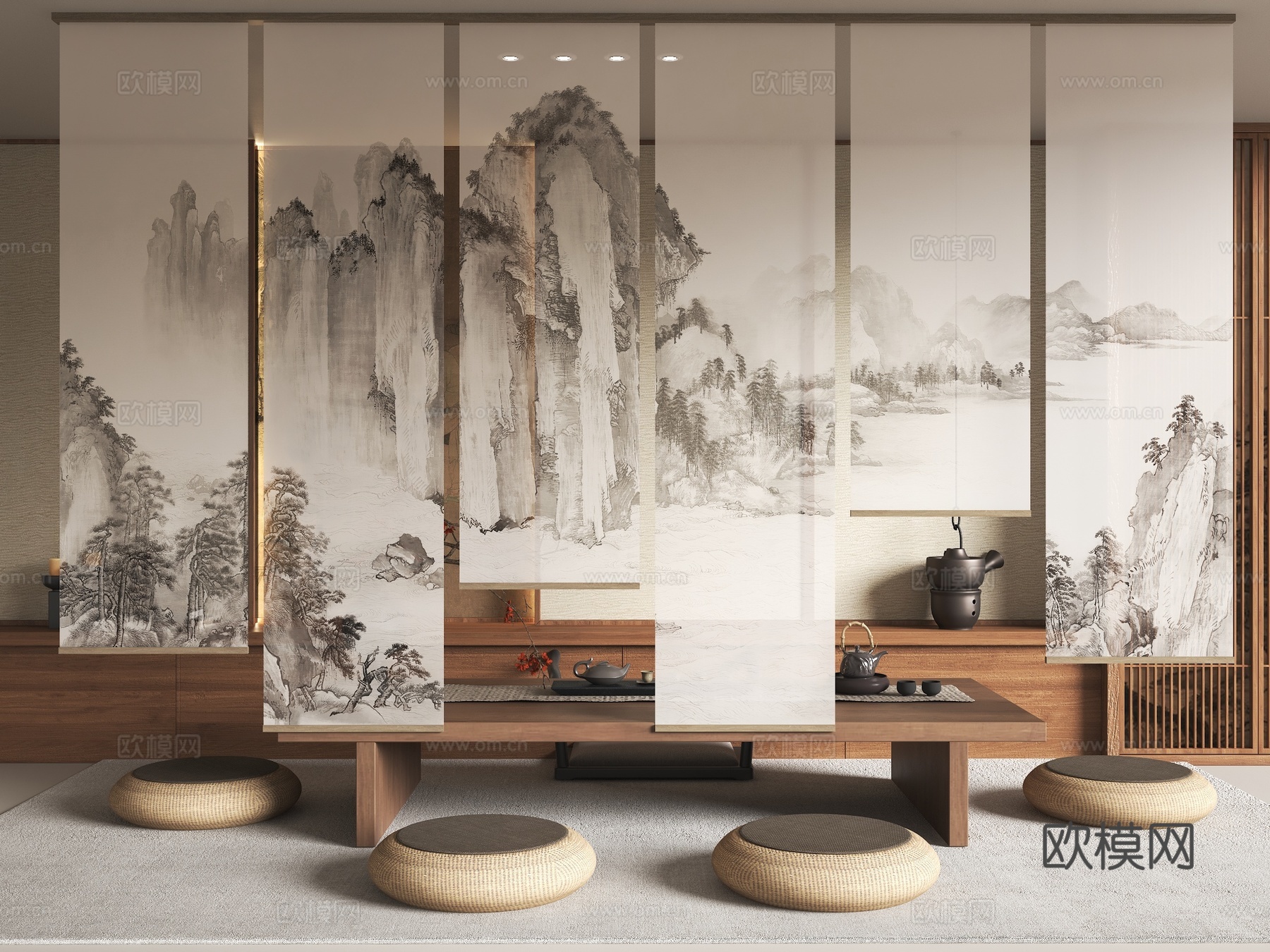 新中式禅意纱帘 山水画纱帘 水墨画纱帘 茶室卷帘 新中式卷帘3d模型