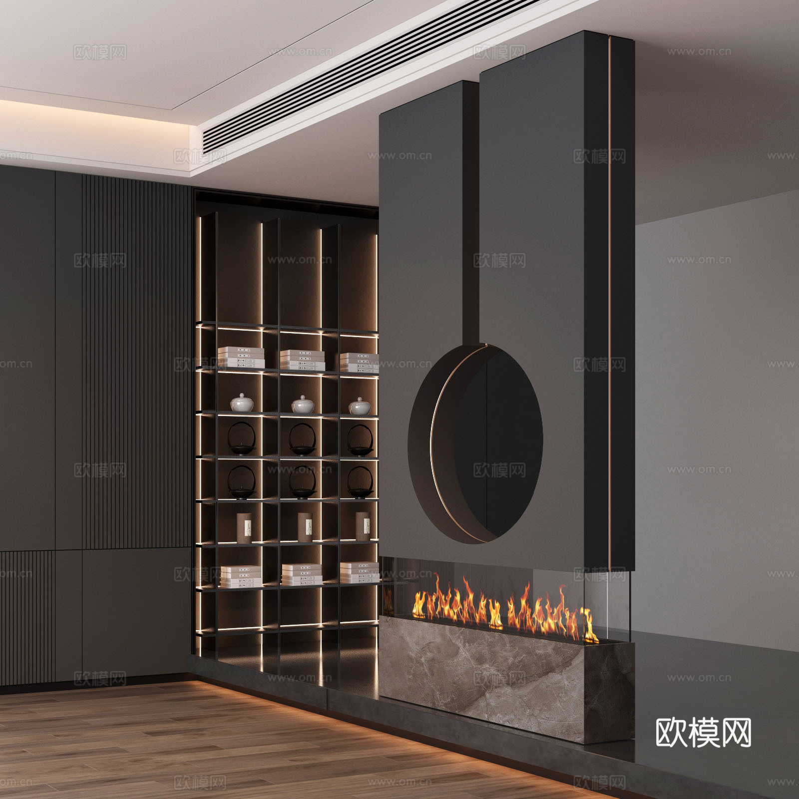 新中式隔断电子壁炉博古架3d模型