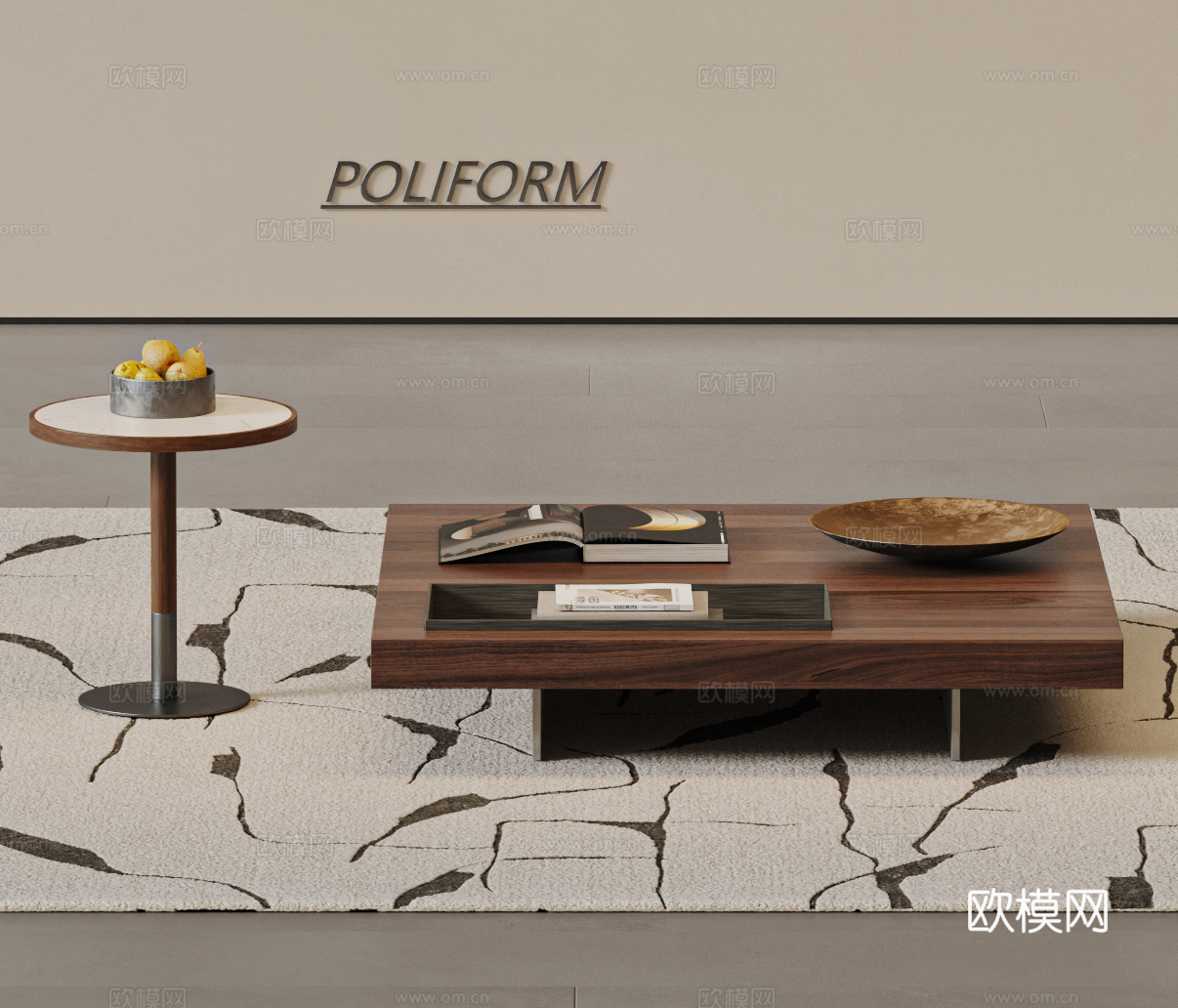 POLIFORM现代茶几 茶几组合 圆几 方形茶几 中古风su模型