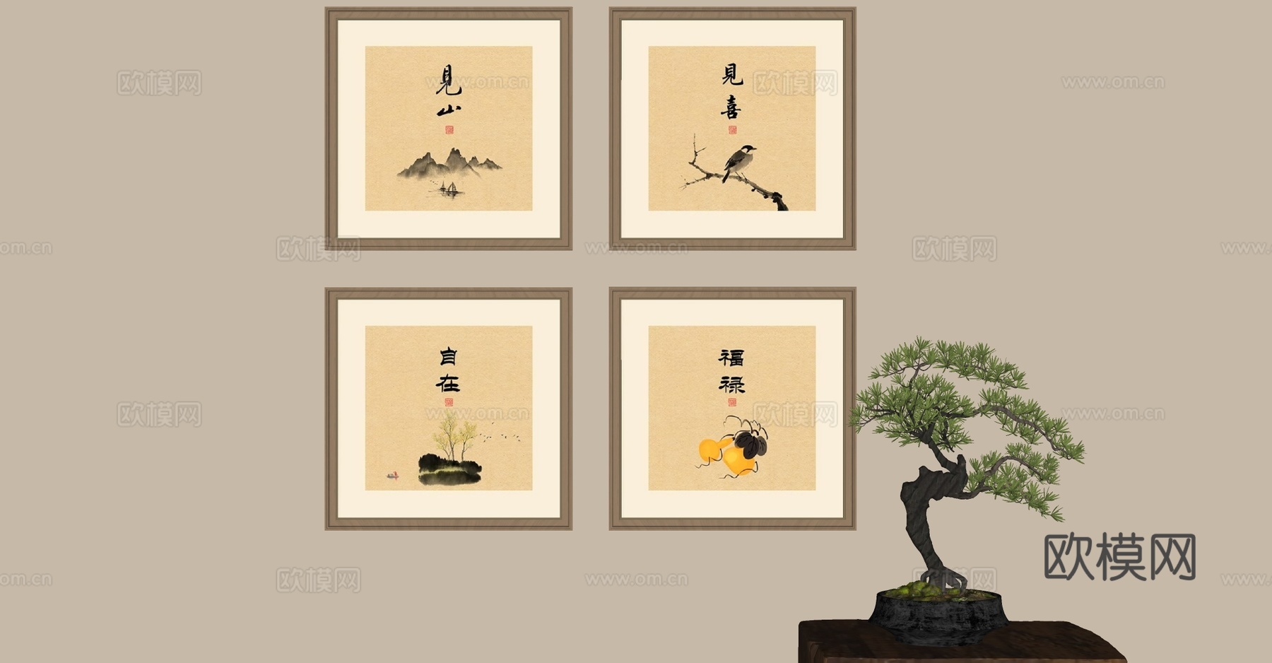 新中式挂画 客厅挂画 卧室挂画 盆栽su模型