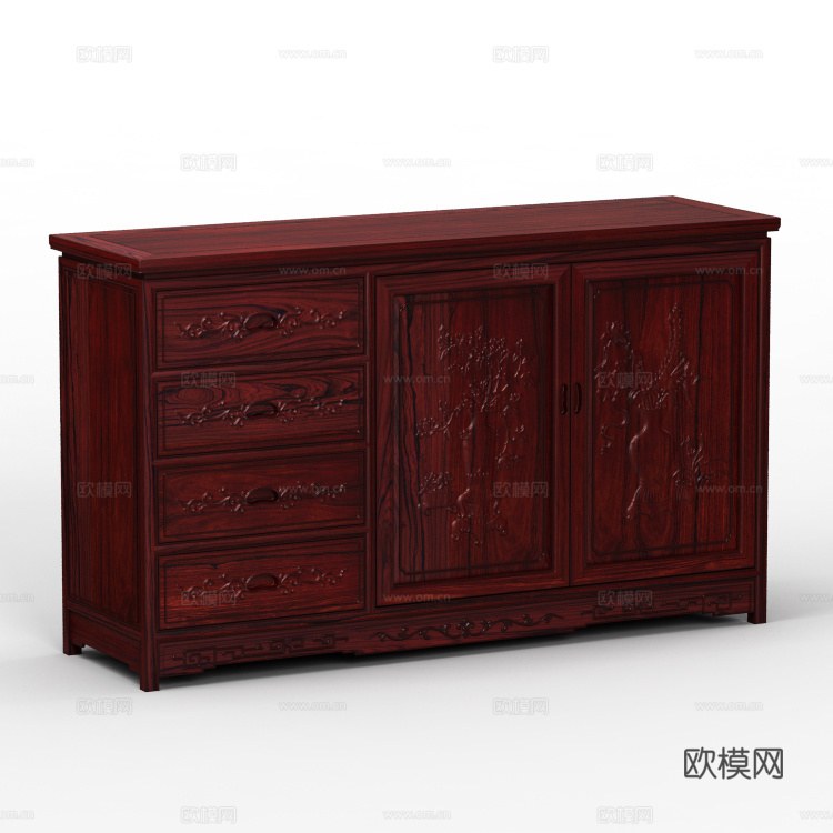 中式餐边柜 实木红木 雕花柜门3d模型