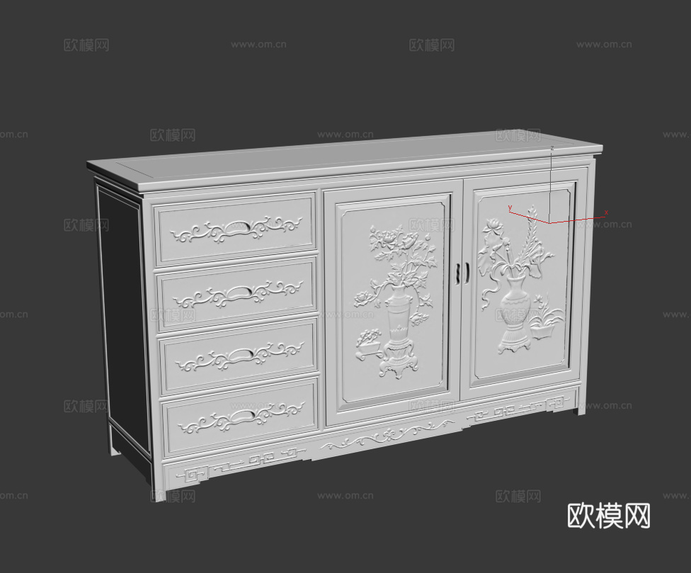 中式餐边柜 实木红木 雕花柜门3d模型
