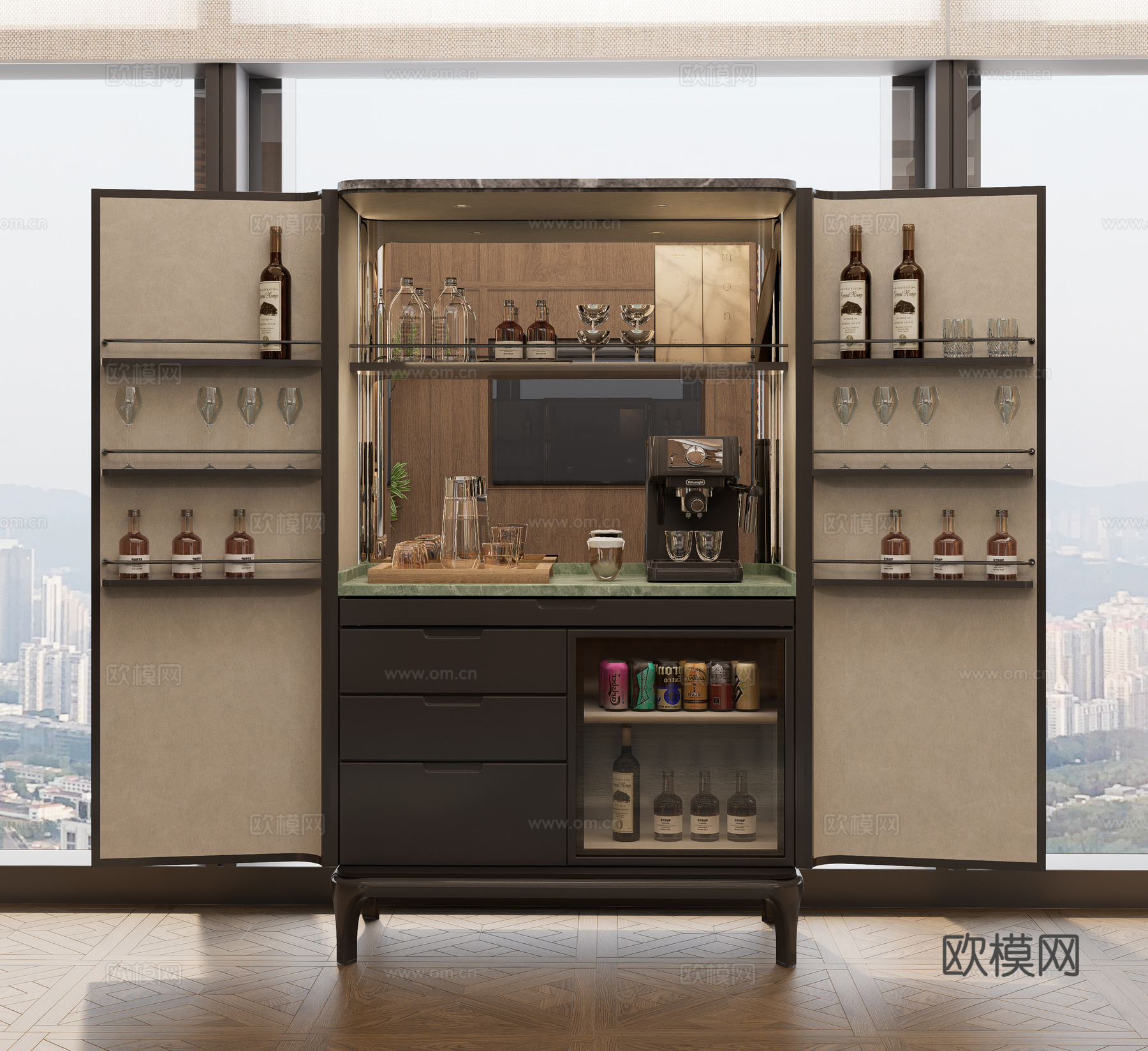 现代轻奢酒柜 迷你吧 恒温酒柜 红酒柜 水吧柜su模型