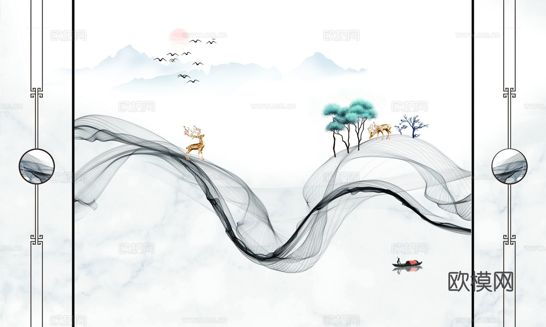 新中式山水壁纸壁画